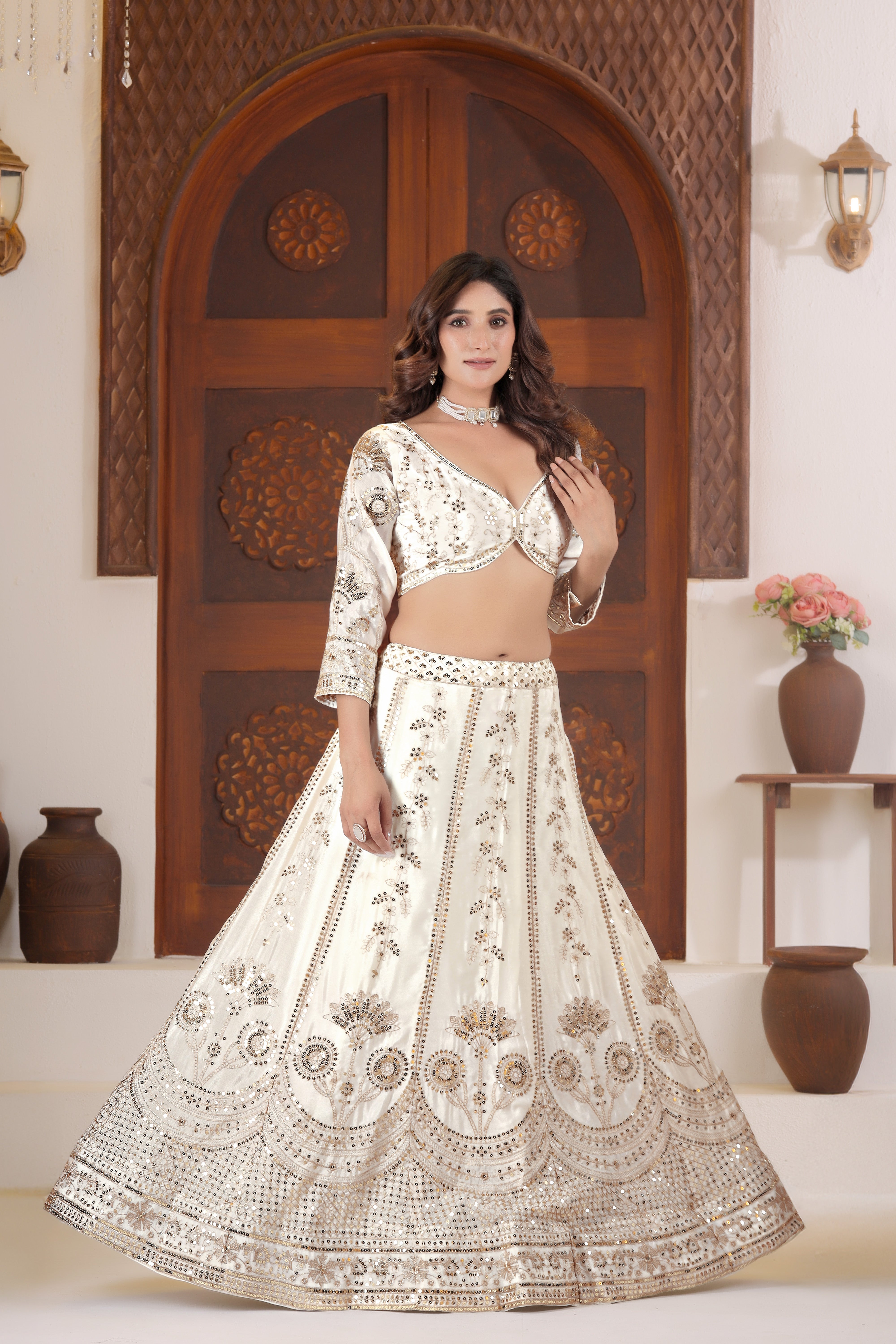 Chinon Silk Sequins Zari Lehenga Set with Dupatta