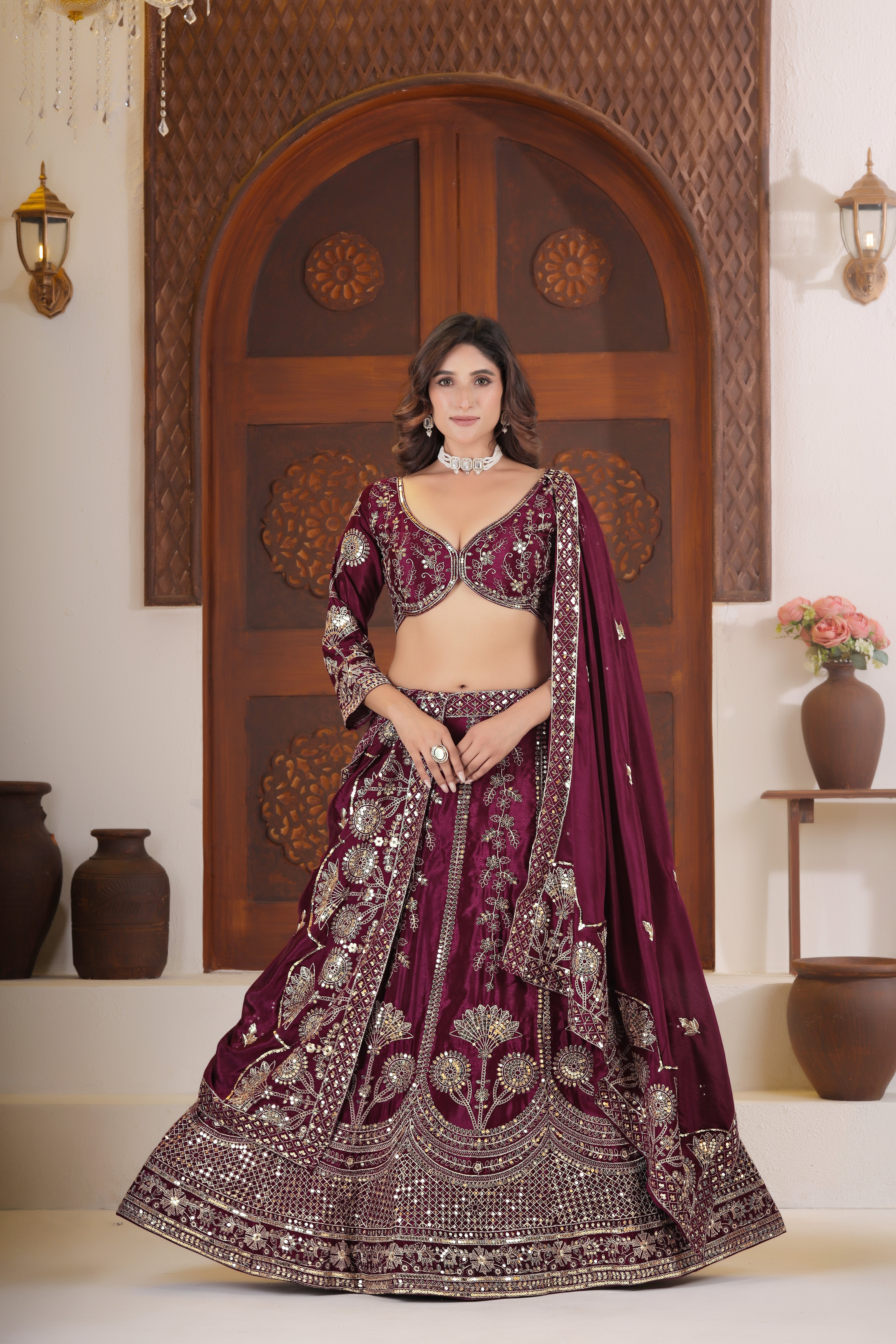 Chinon Silk Sequins Zari Lehenga Set with Dupatta