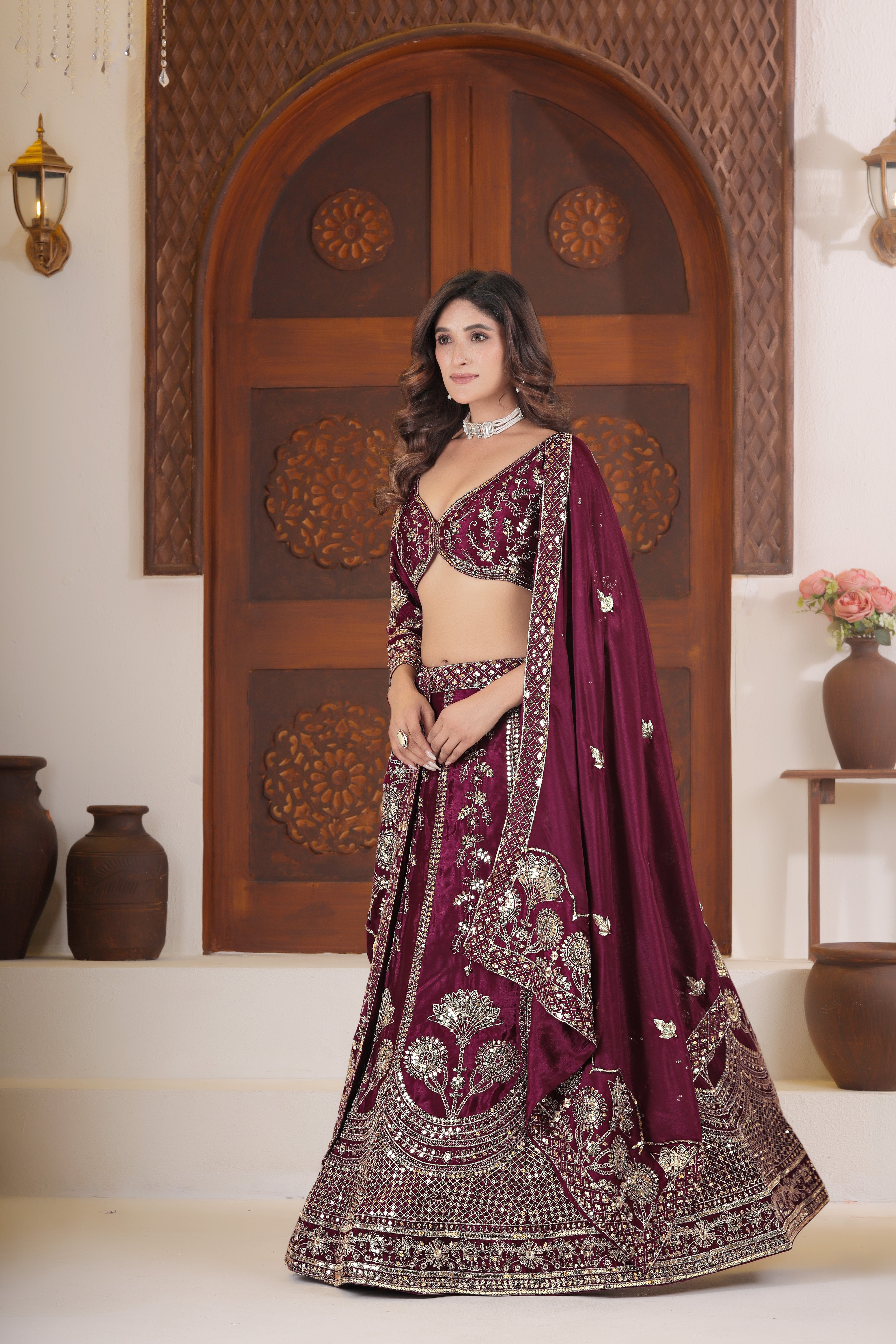 Chinon Silk Sequins Zari Lehenga Set with Dupatta