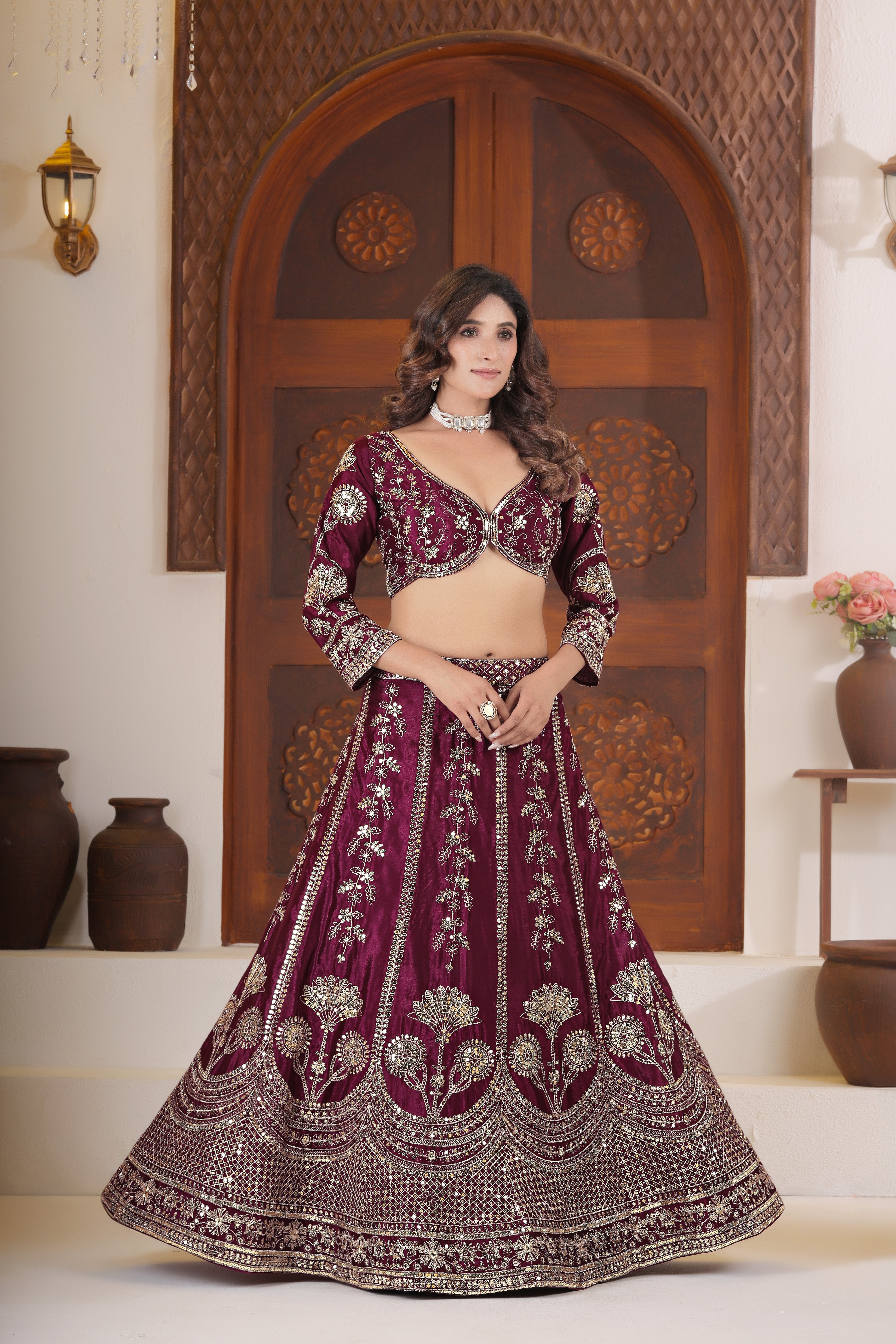 Chinon Silk Sequins Zari Lehenga Set with Dupatta