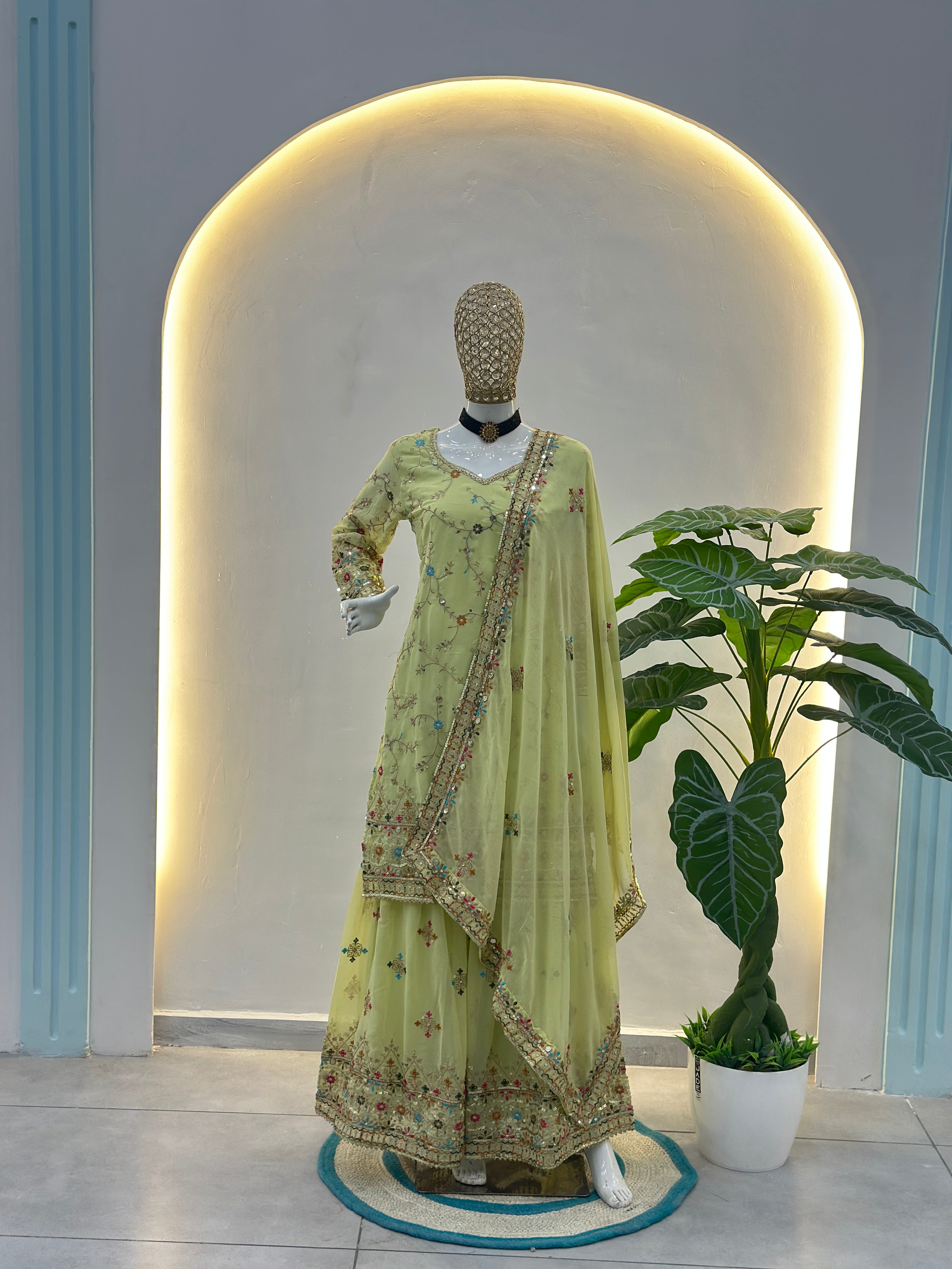 Mint Faux Georgette Embroidered Sharara Set