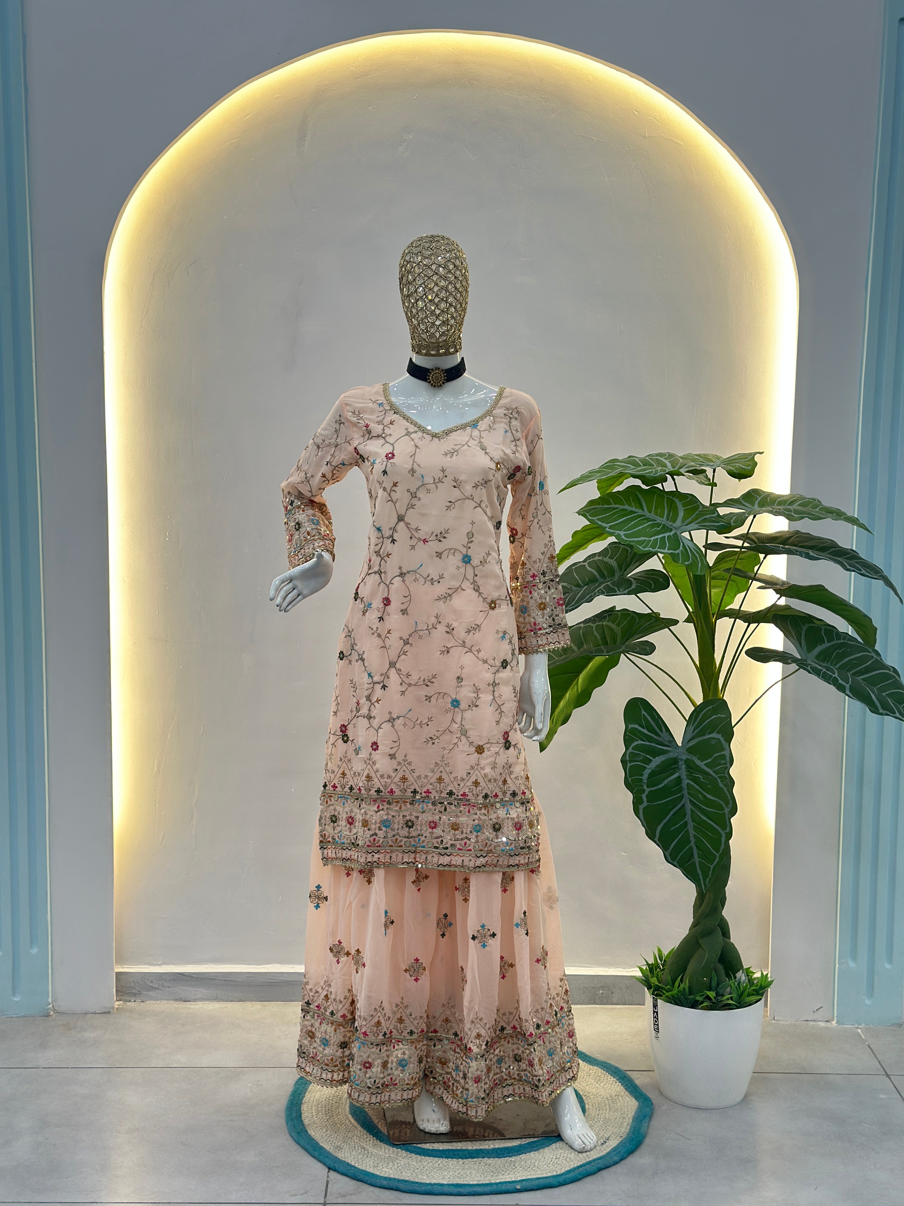 Mint Faux Georgette Embroidered Sharara Set