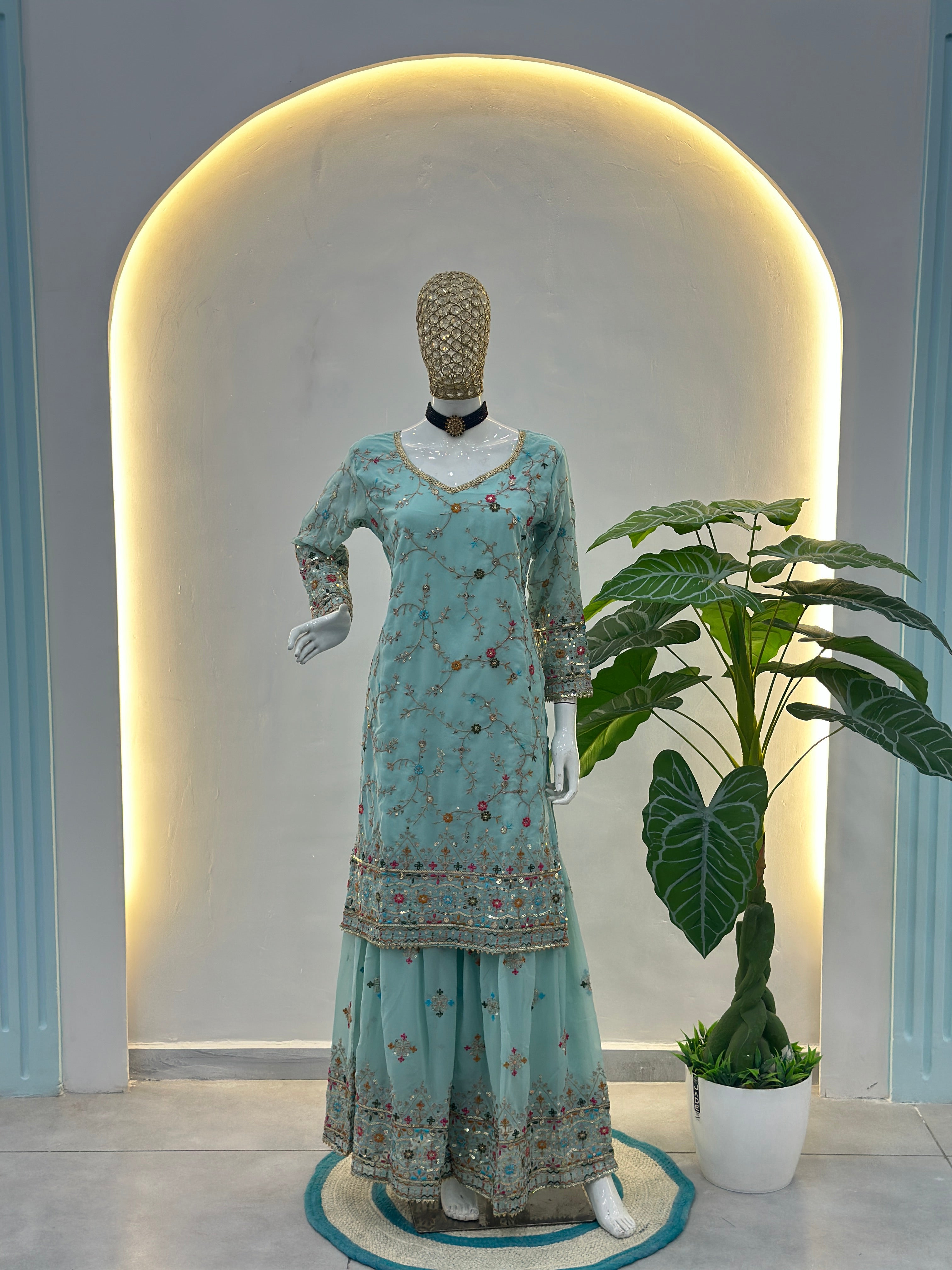 Mint Faux Georgette Embroidered Sharara Set