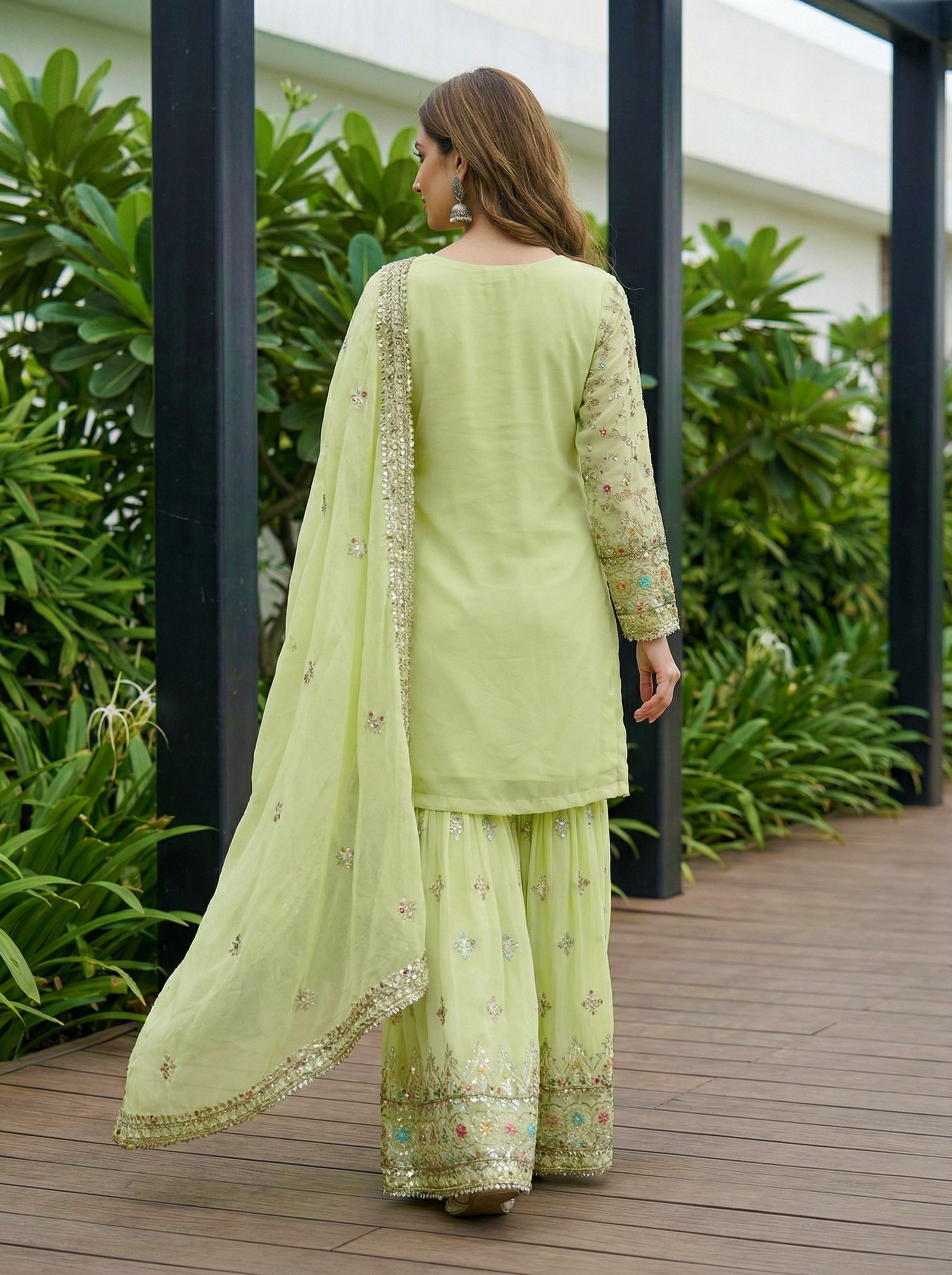 Mint Faux Georgette Embroidered Sharara Set
