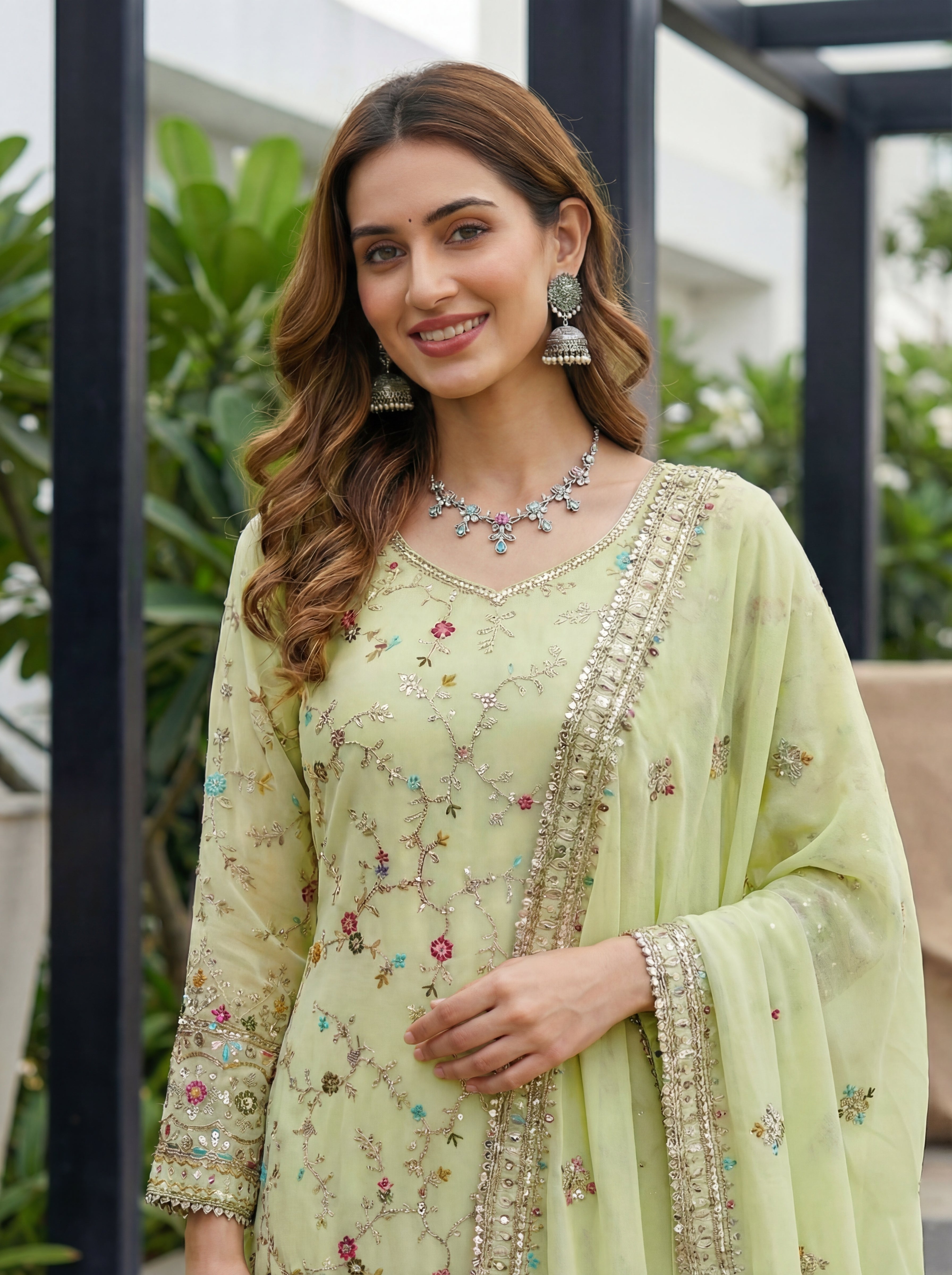 Mint Faux Georgette Embroidered Sharara Set