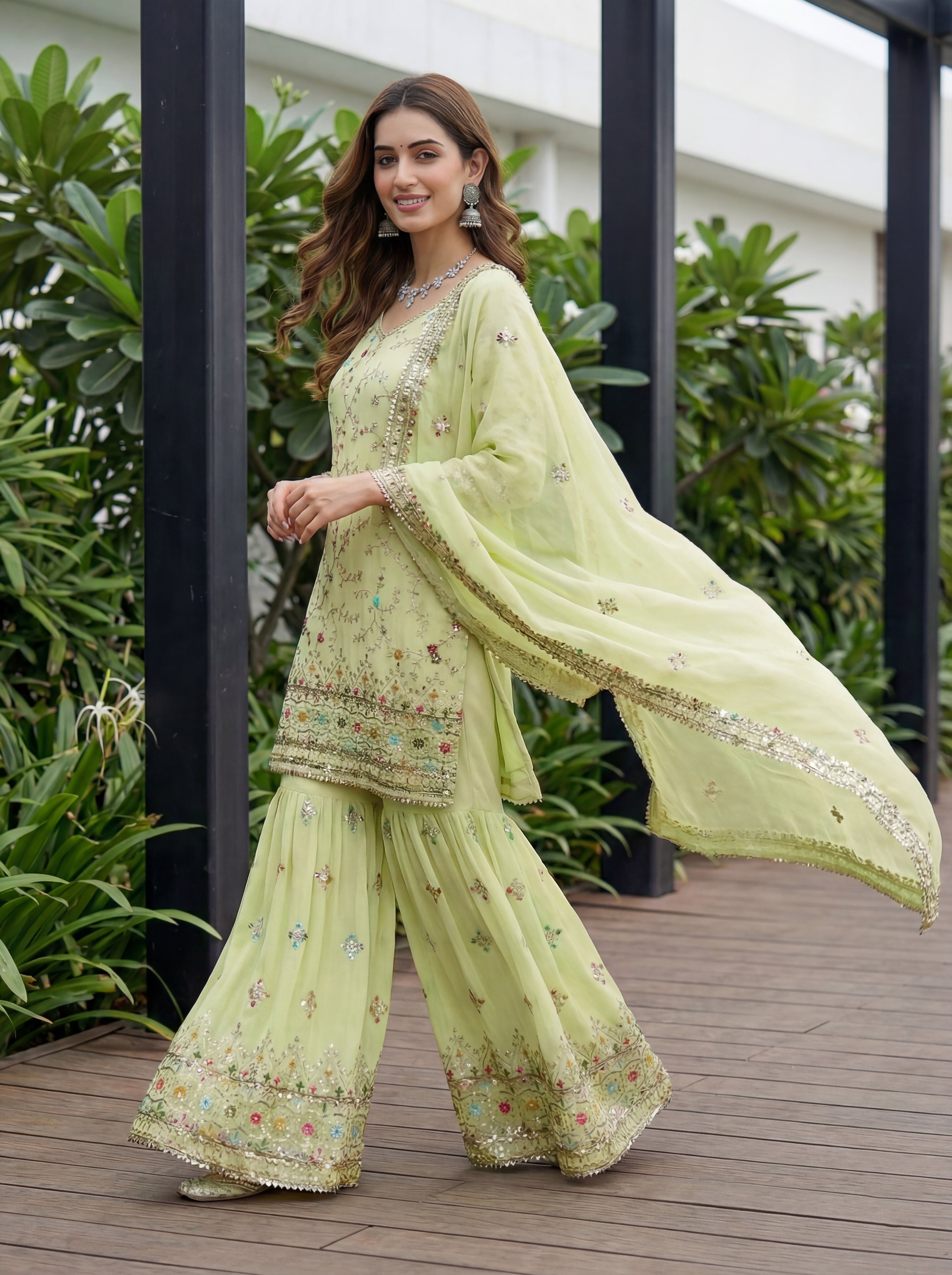 Mint Faux Georgette Embroidered Sharara Set