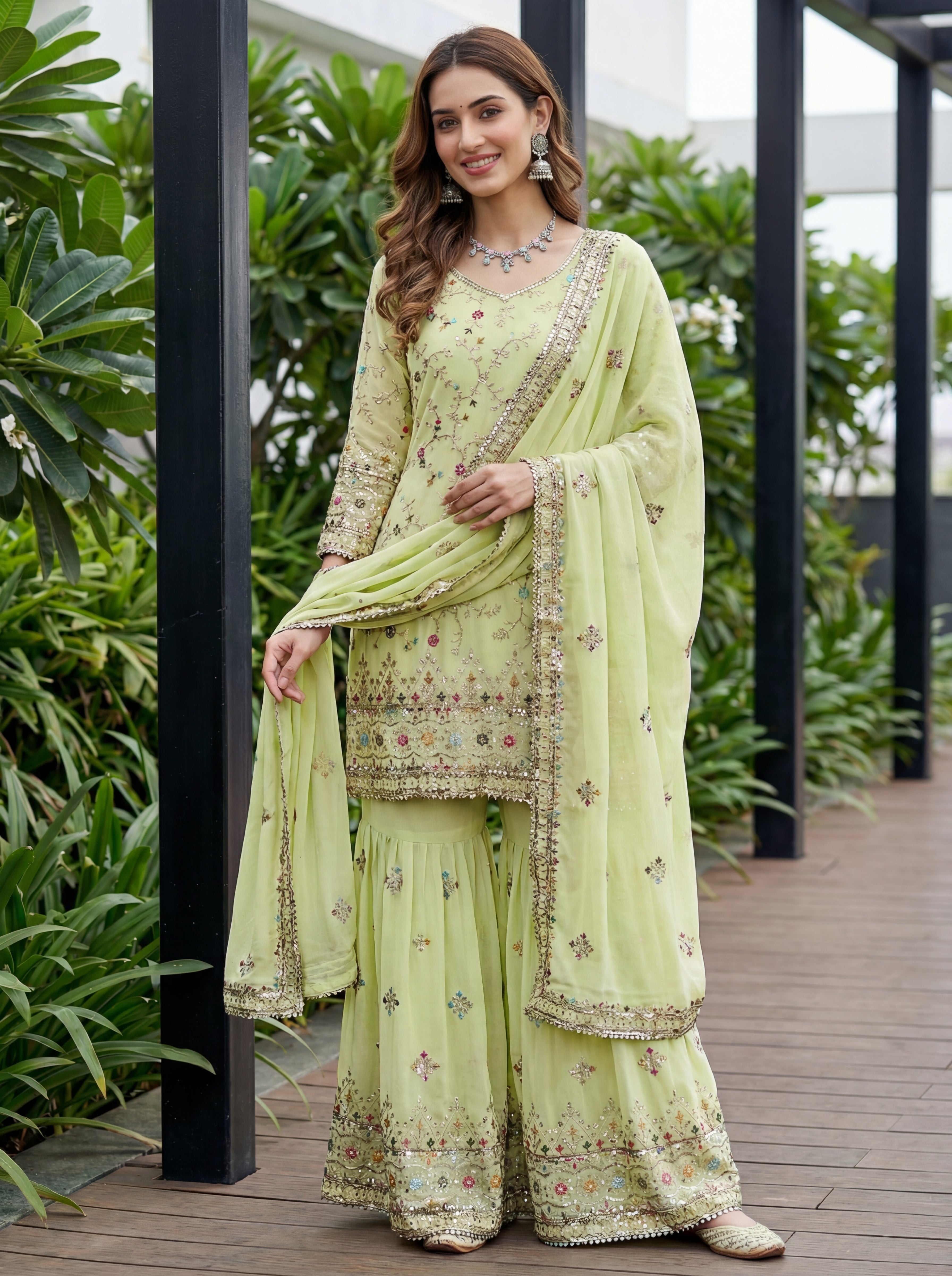 Mint Faux Georgette Embroidered Sharara Set