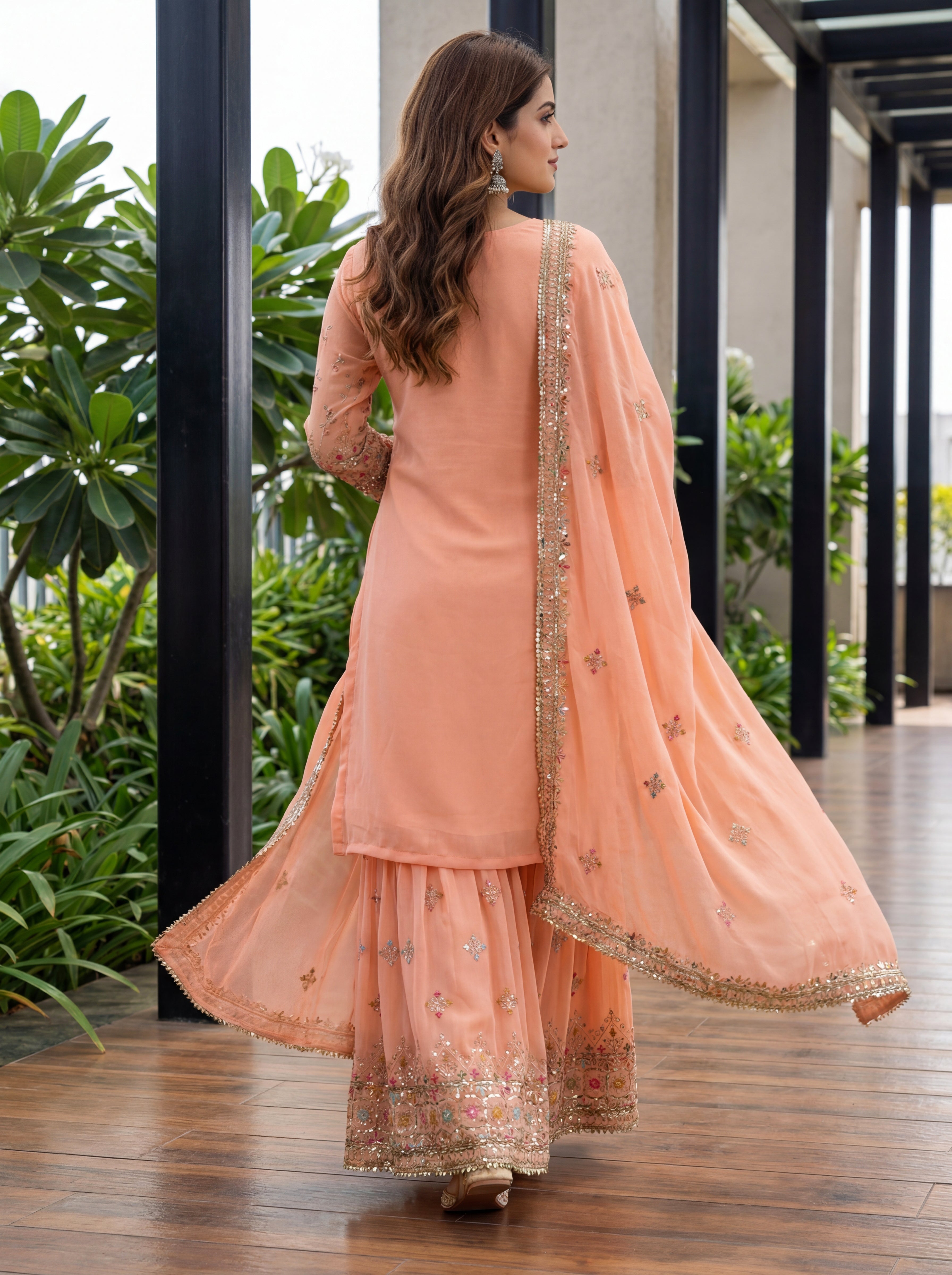 Mint Faux Georgette Embroidered Sharara Set