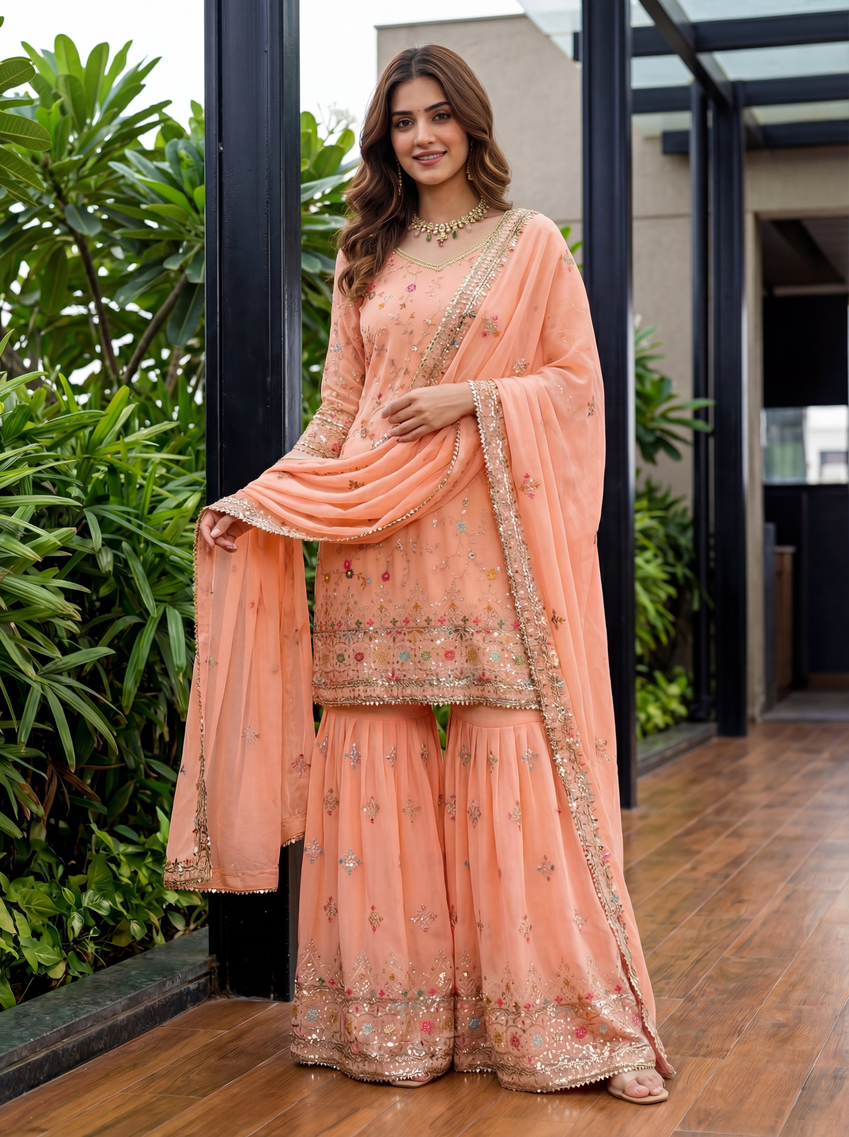 Mint Faux Georgette Embroidered Sharara Set