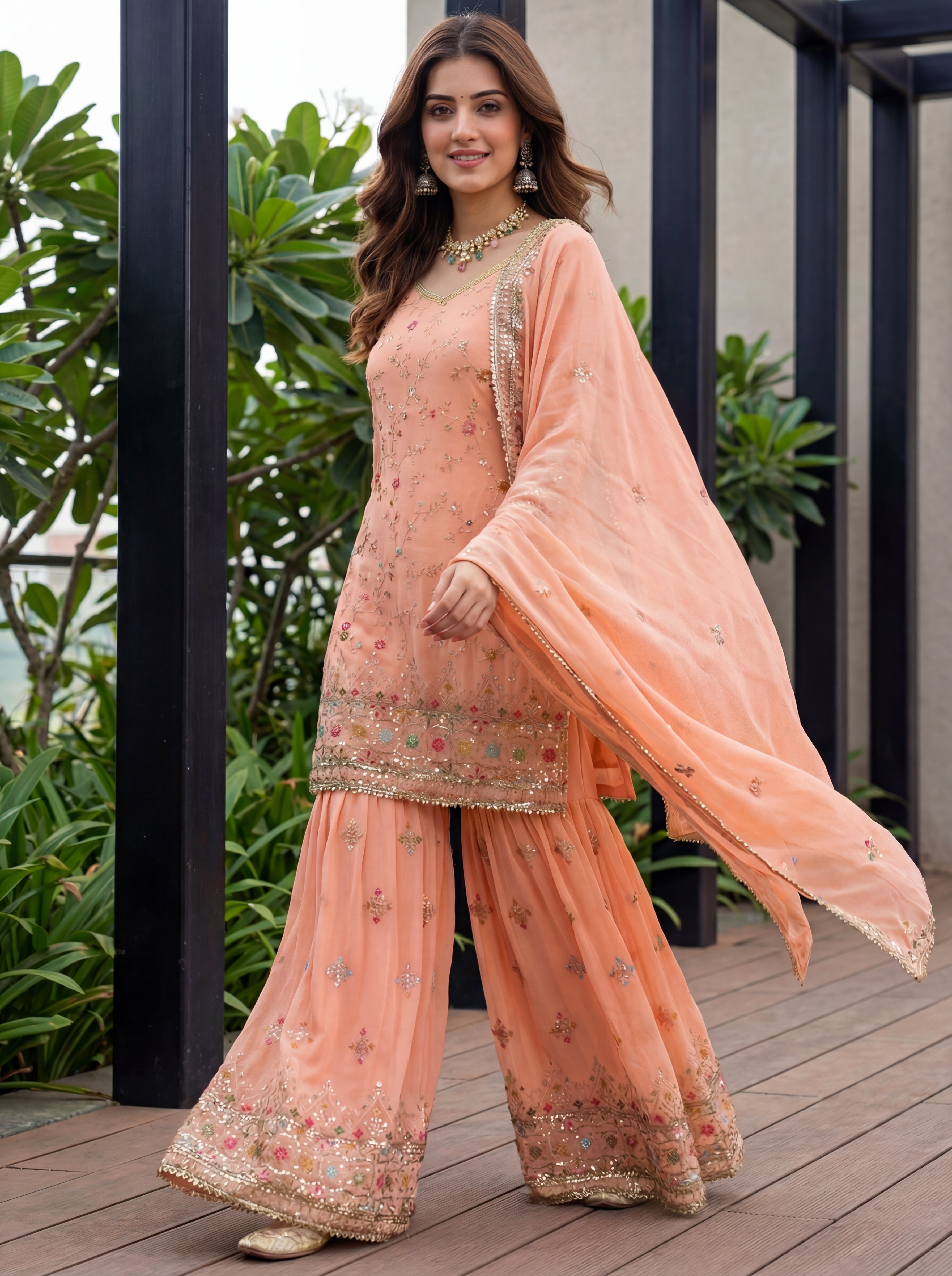 Mint Faux Georgette Embroidered Sharara Set