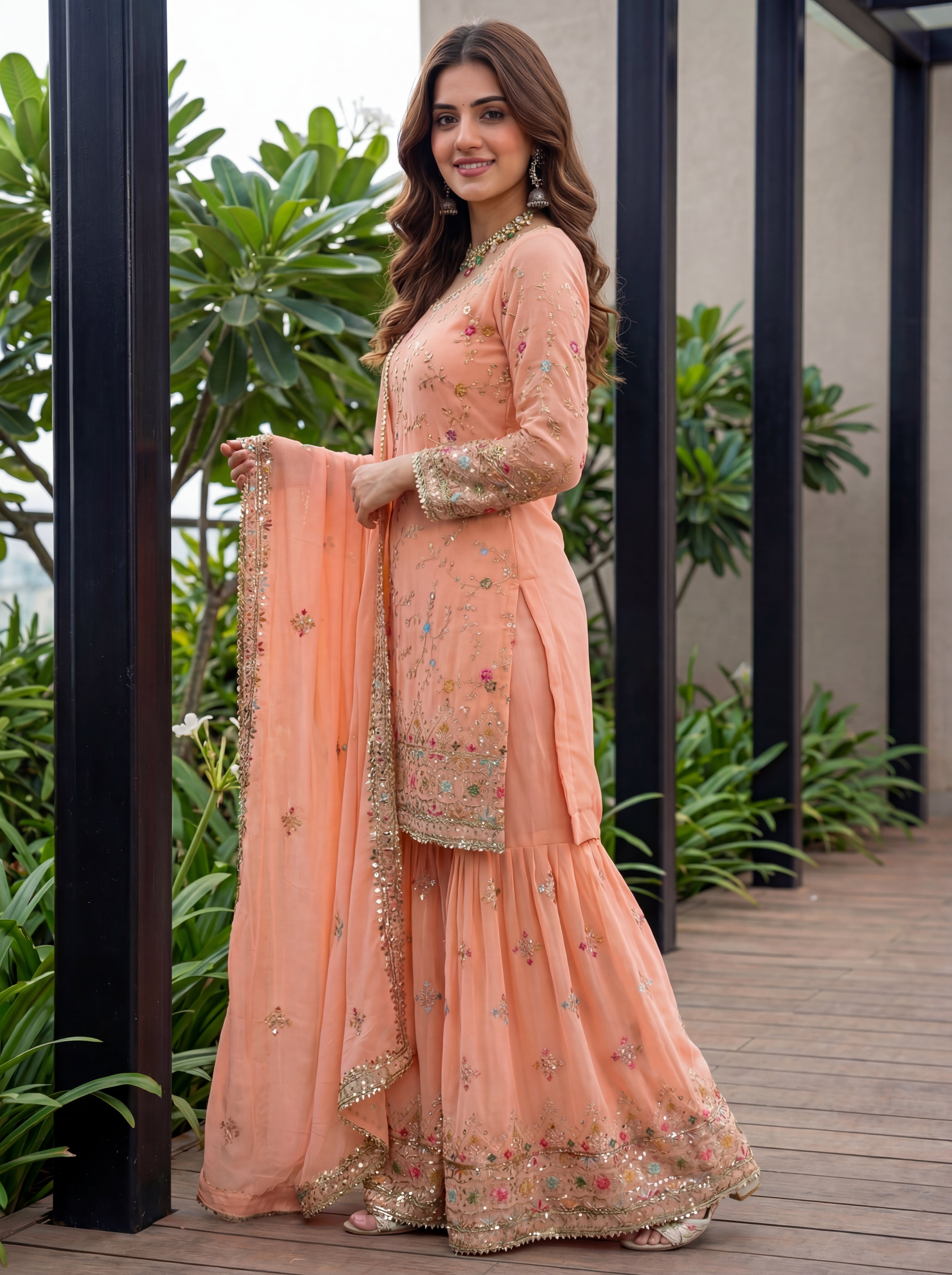 Mint Faux Georgette Embroidered Sharara Set