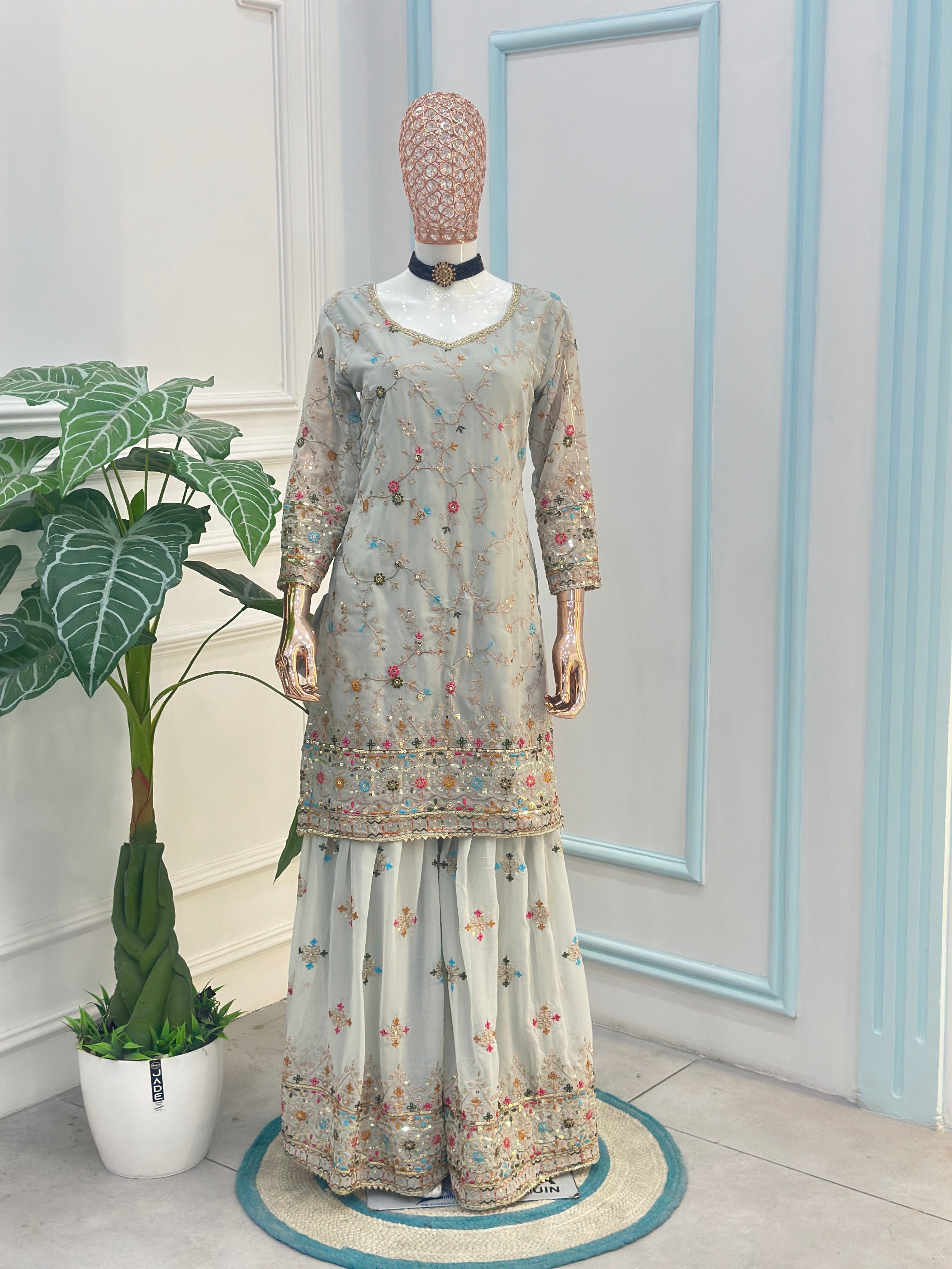 Mint Faux Georgette Embroidered Sharara Set