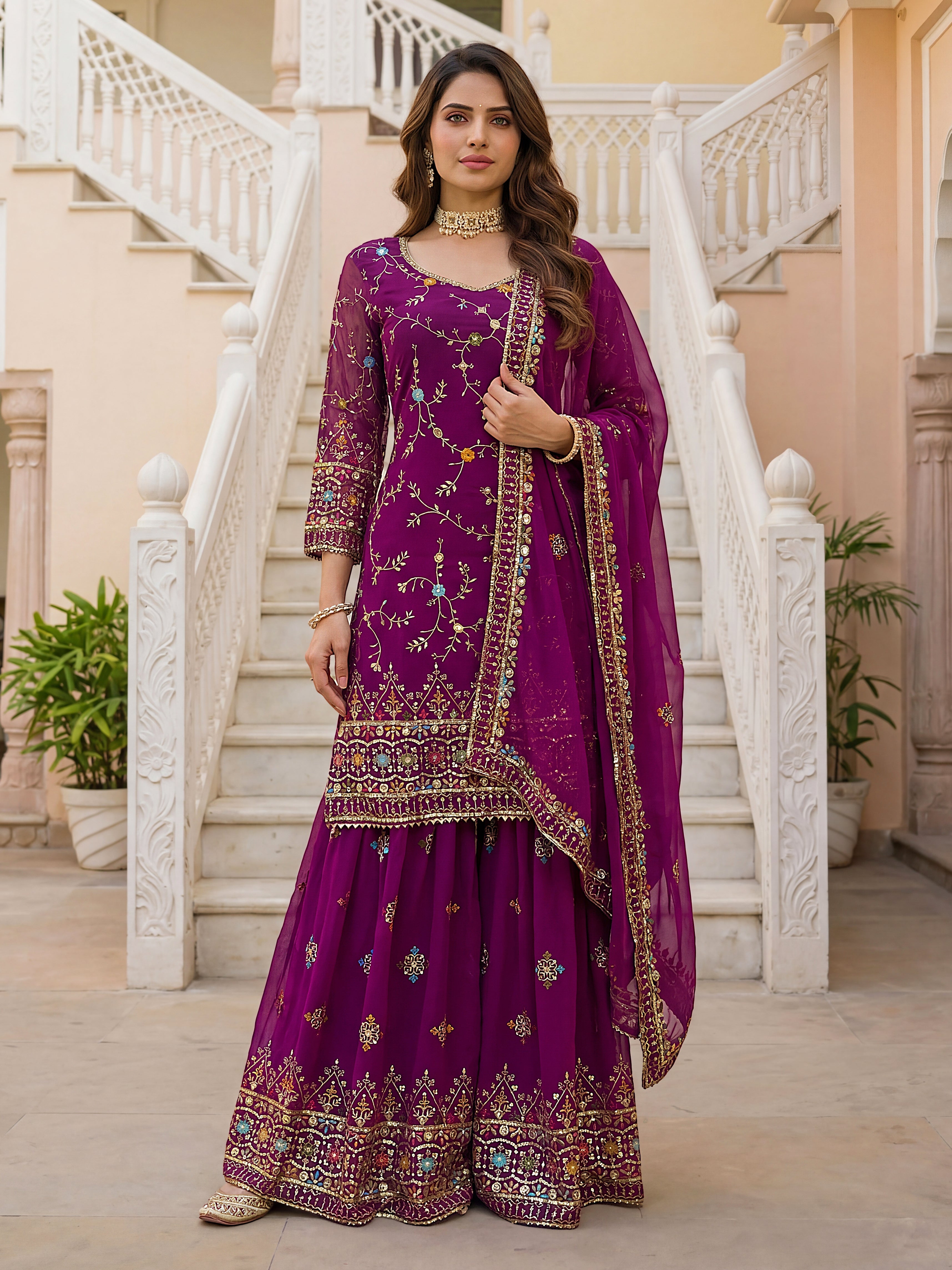 Mint Faux Georgette Embroidered Sharara Set