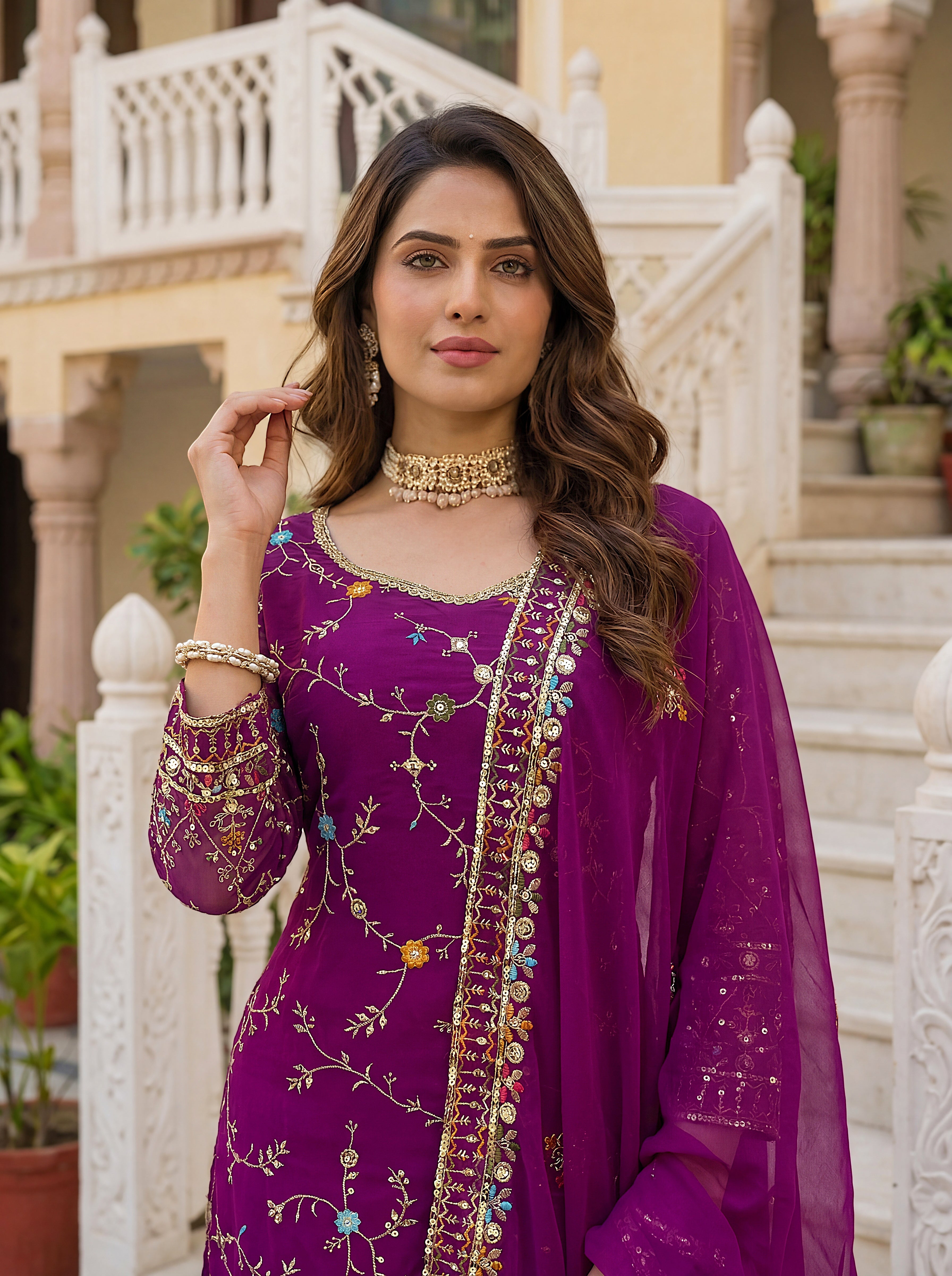 Mint Faux Georgette Embroidered Sharara Set
