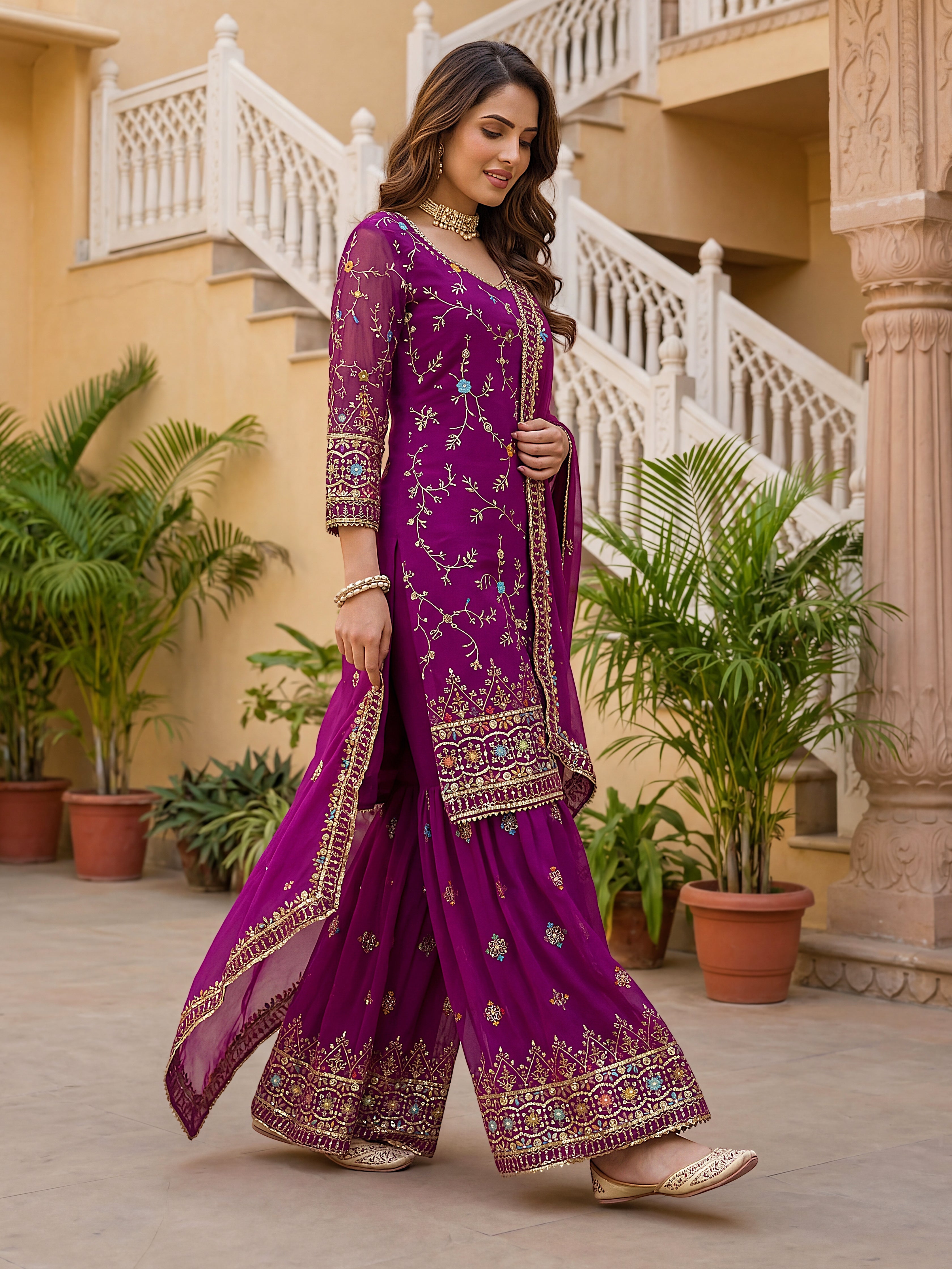 Mint Faux Georgette Embroidered Sharara Set