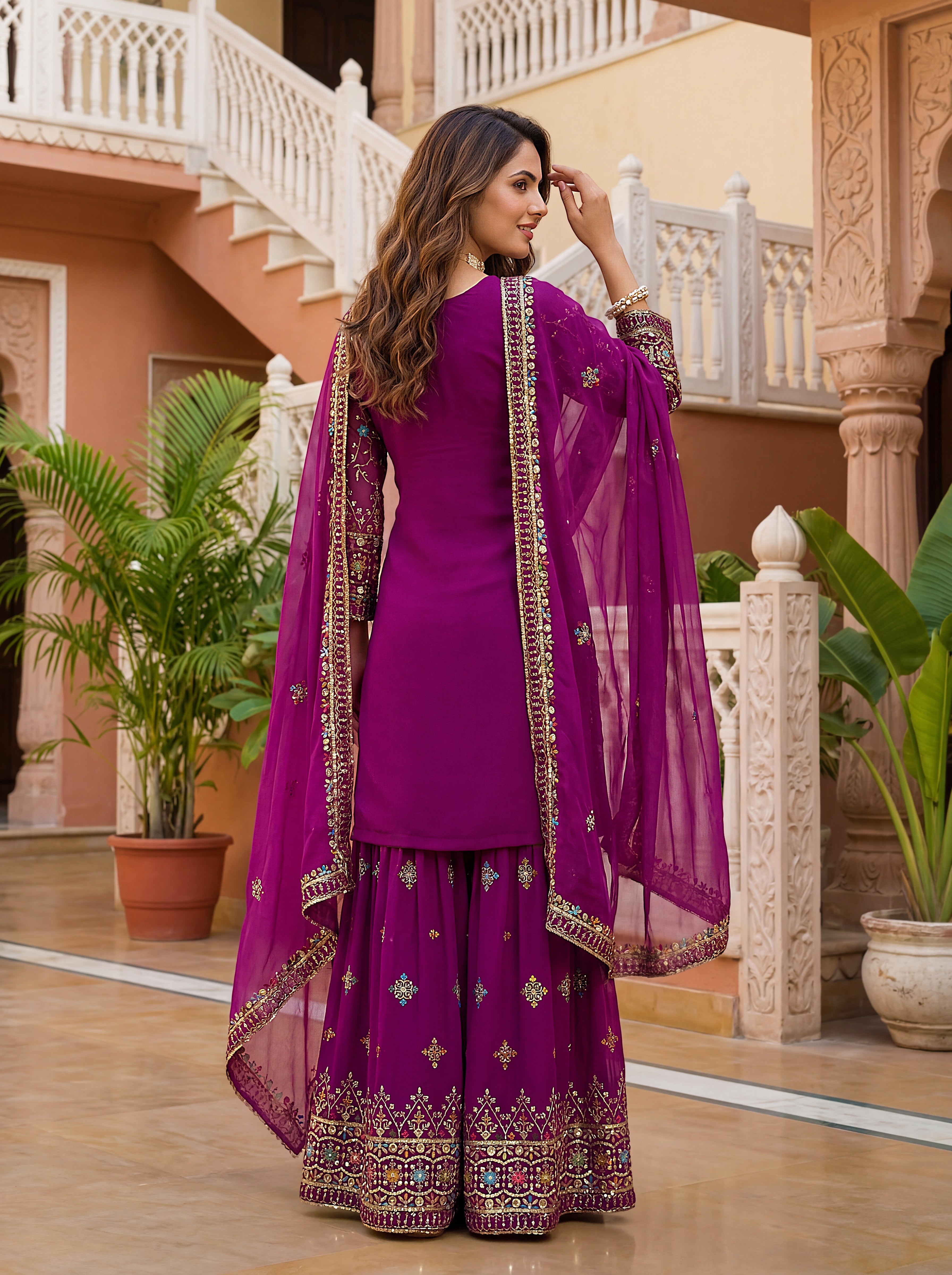 Mint Faux Georgette Embroidered Sharara Set