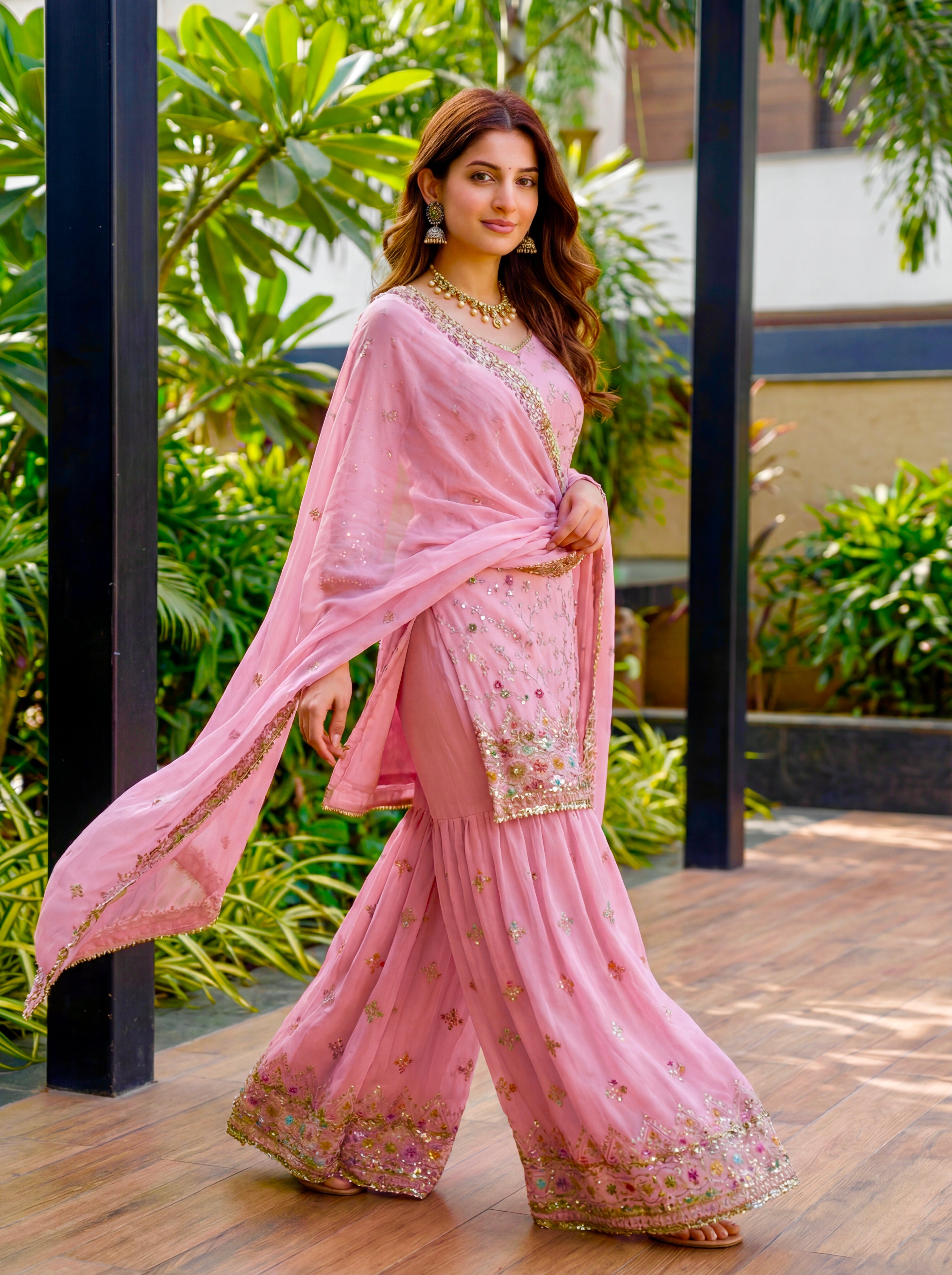 Mint Faux Georgette Embroidered Sharara Set