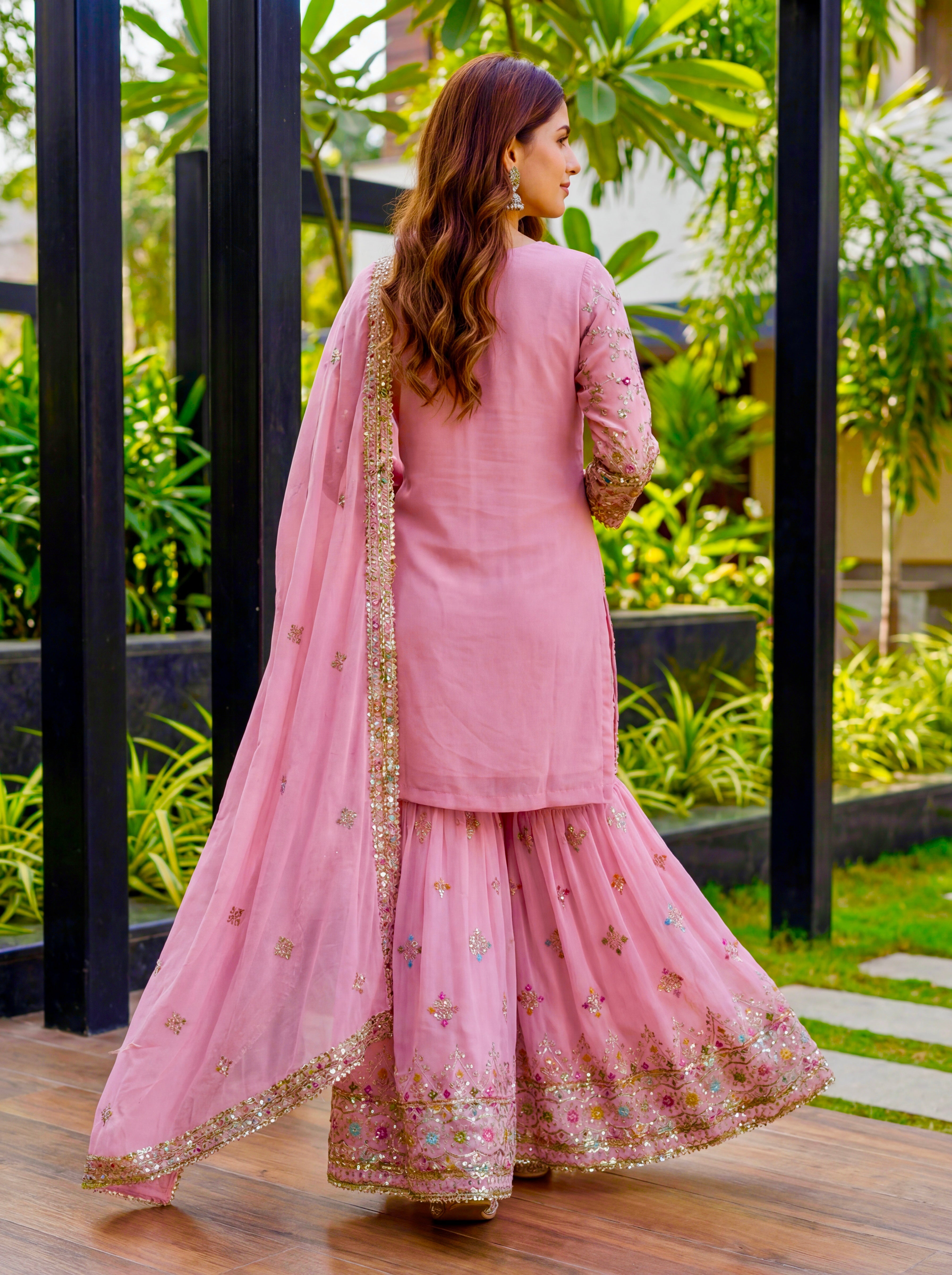 Mint Faux Georgette Embroidered Sharara Set