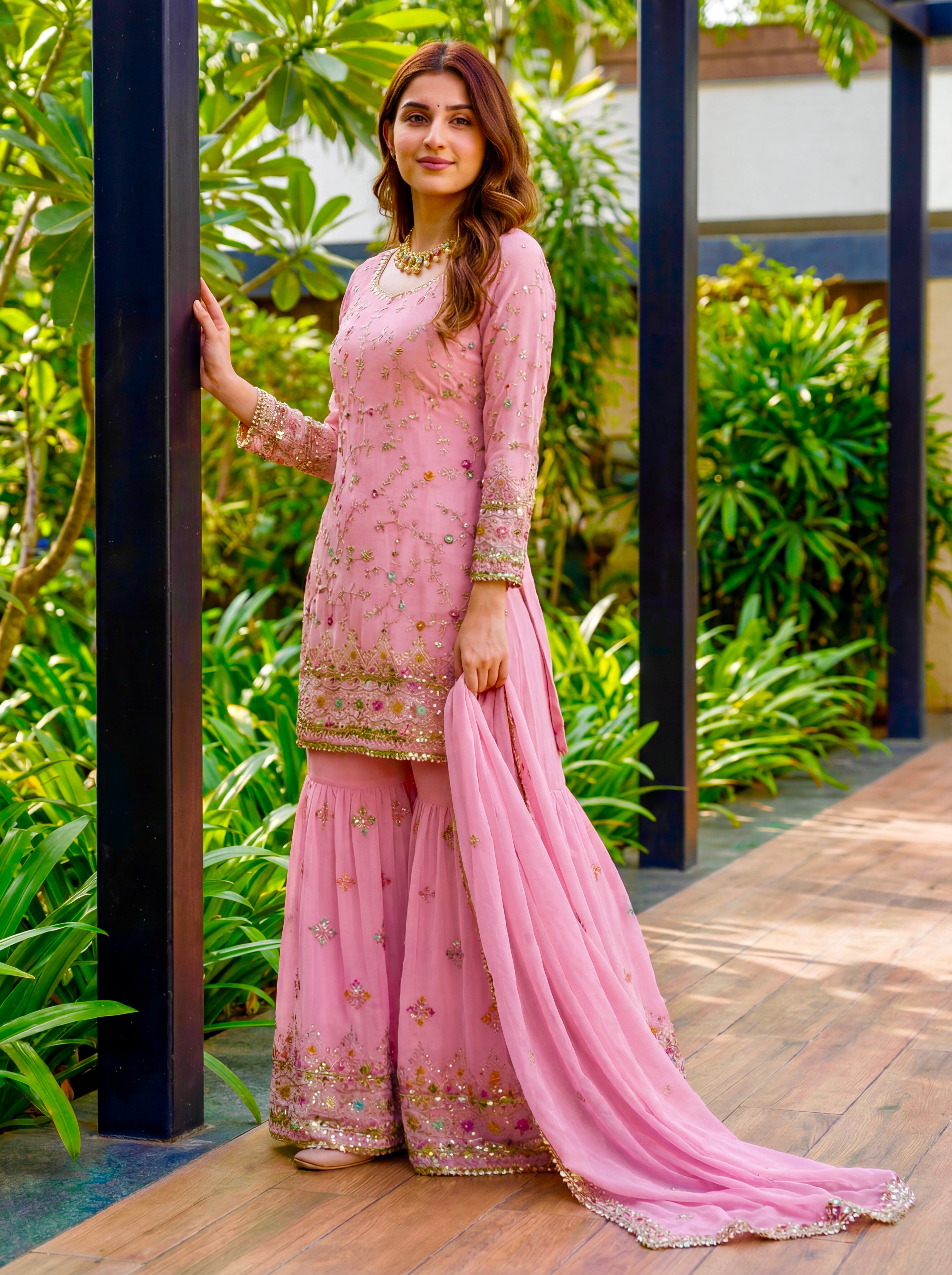 Mint Faux Georgette Embroidered Sharara Set