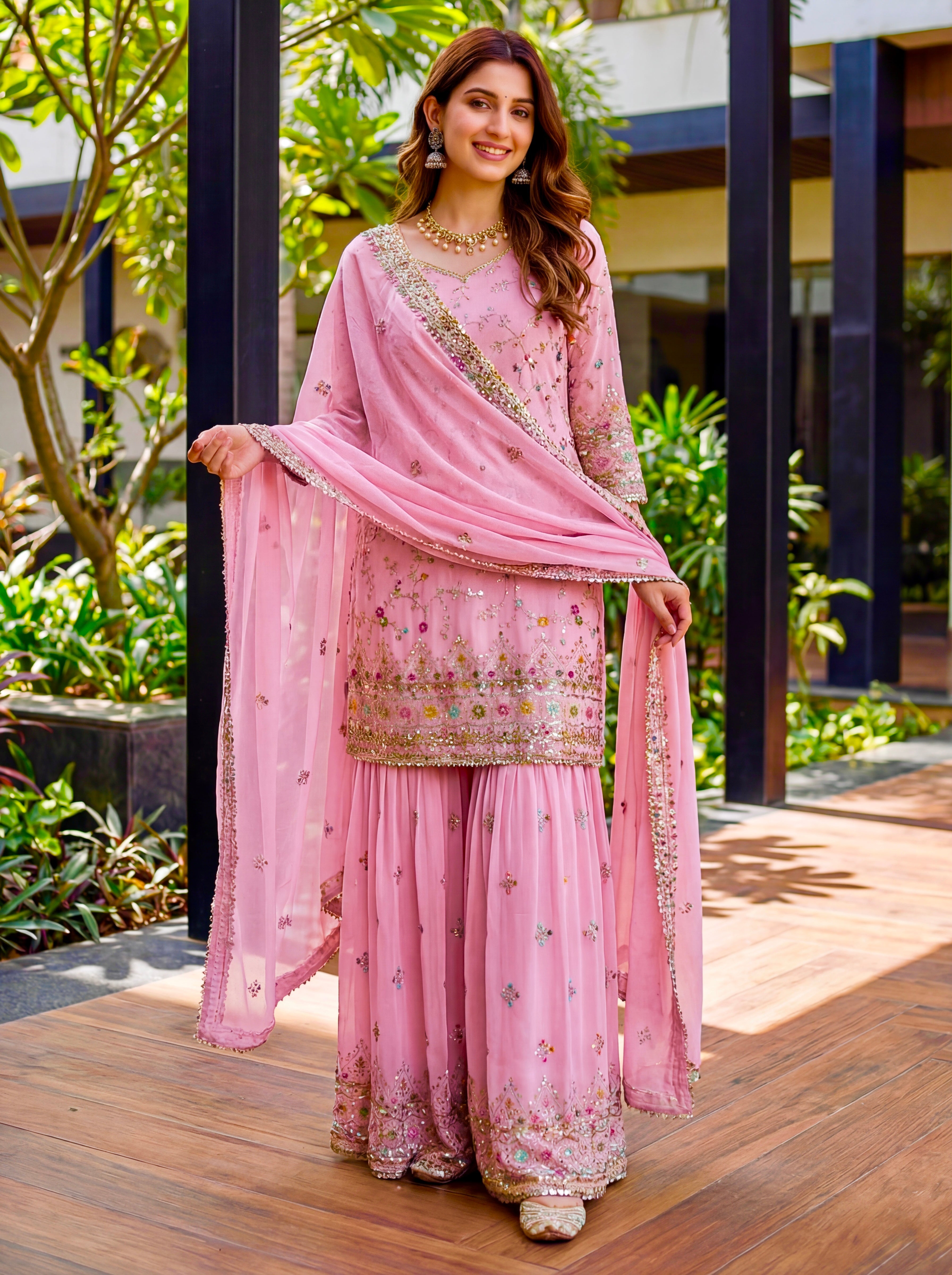 Mint Faux Georgette Embroidered Sharara Set