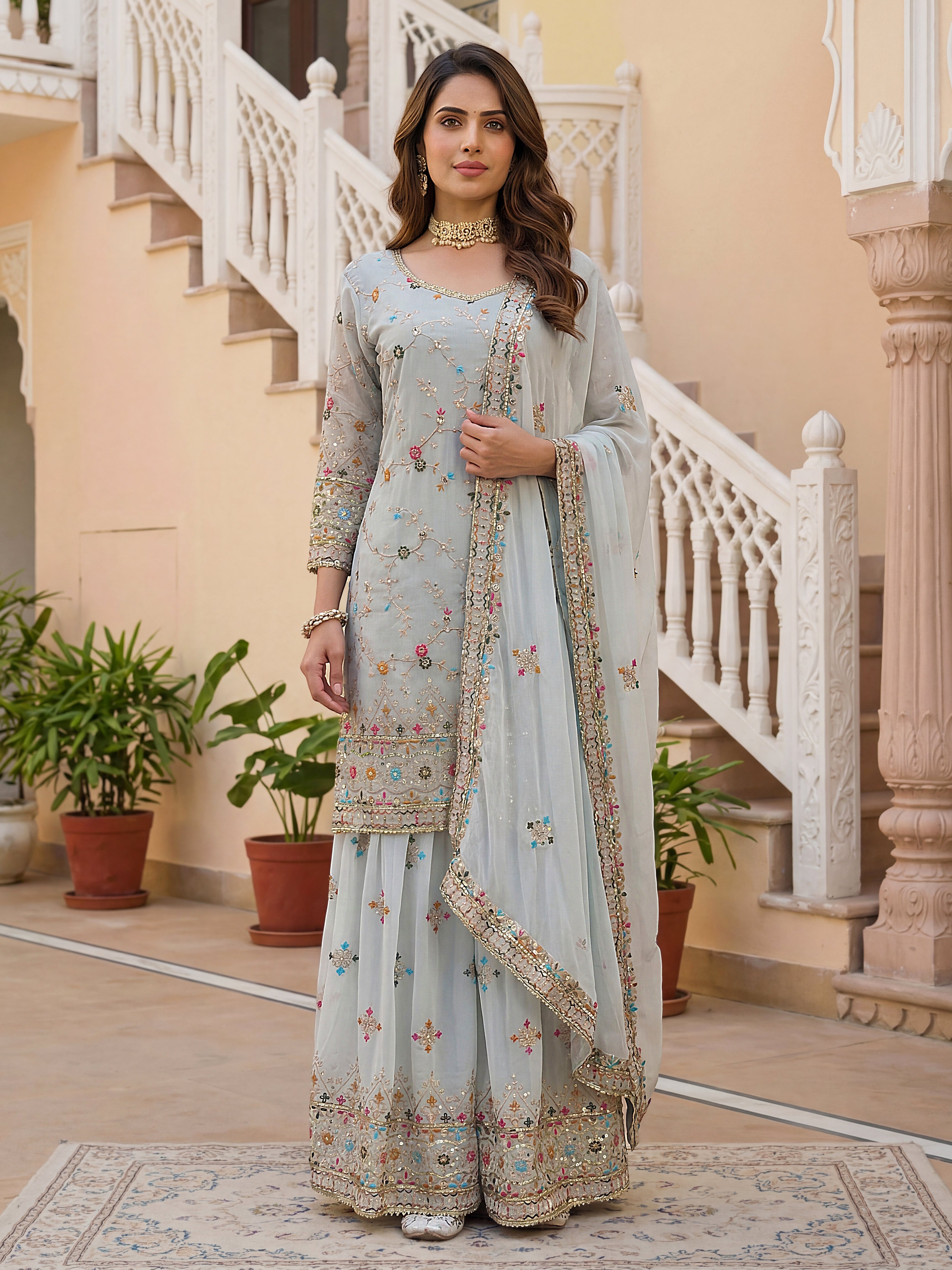 Mint Faux Georgette Embroidered Sharara Set