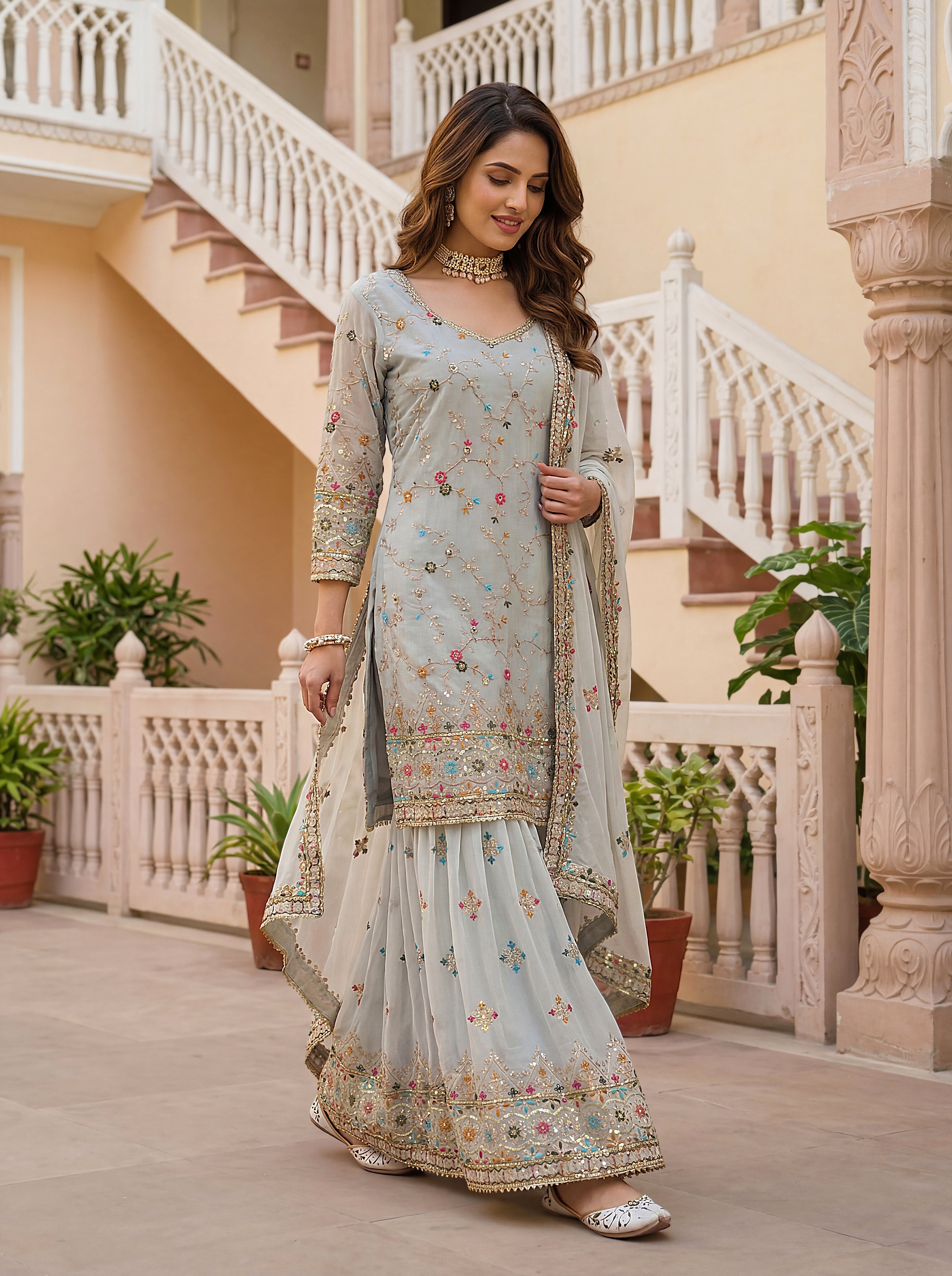 Mint Faux Georgette Embroidered Sharara Set