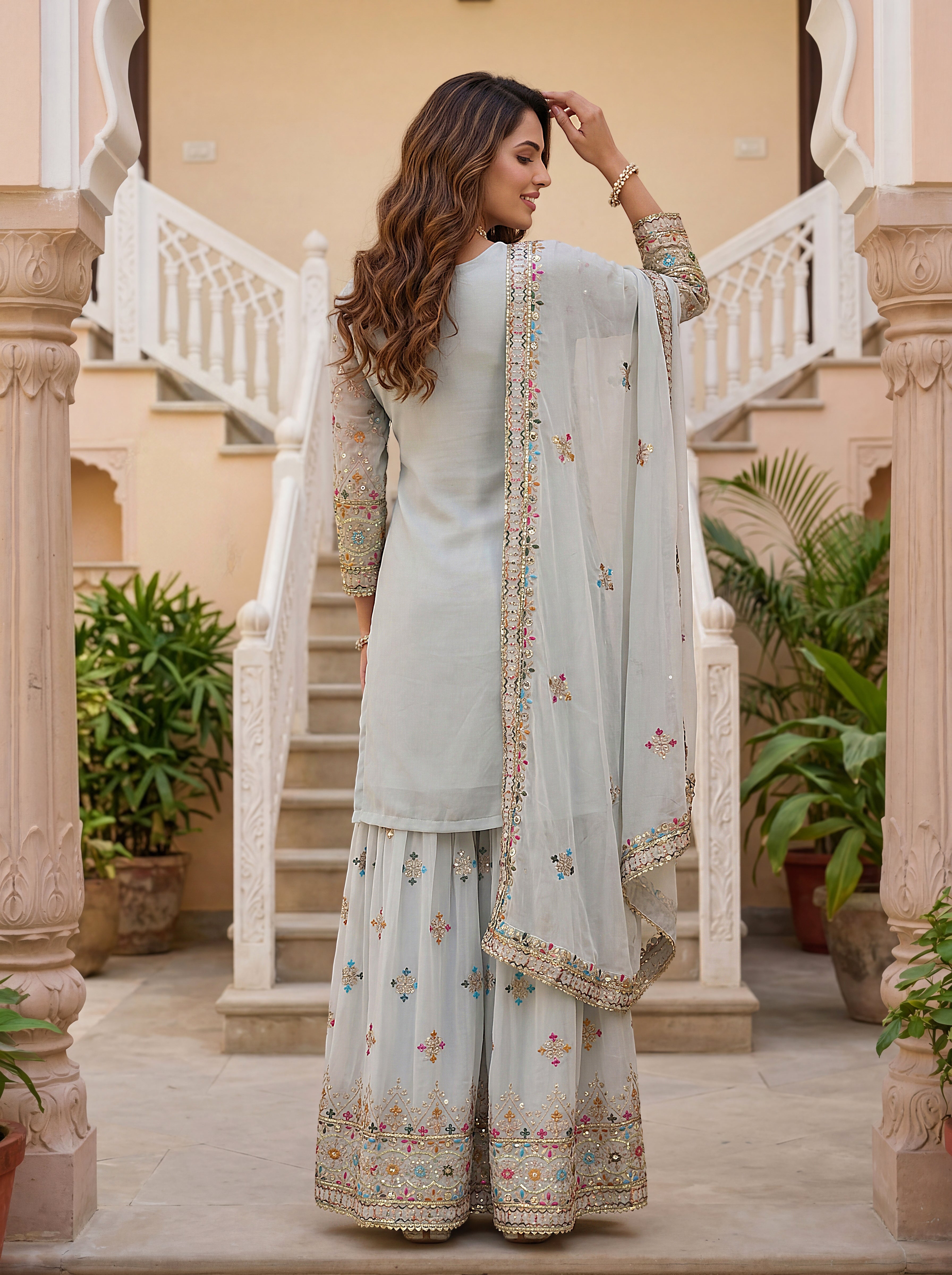 Mint Faux Georgette Embroidered Sharara Set