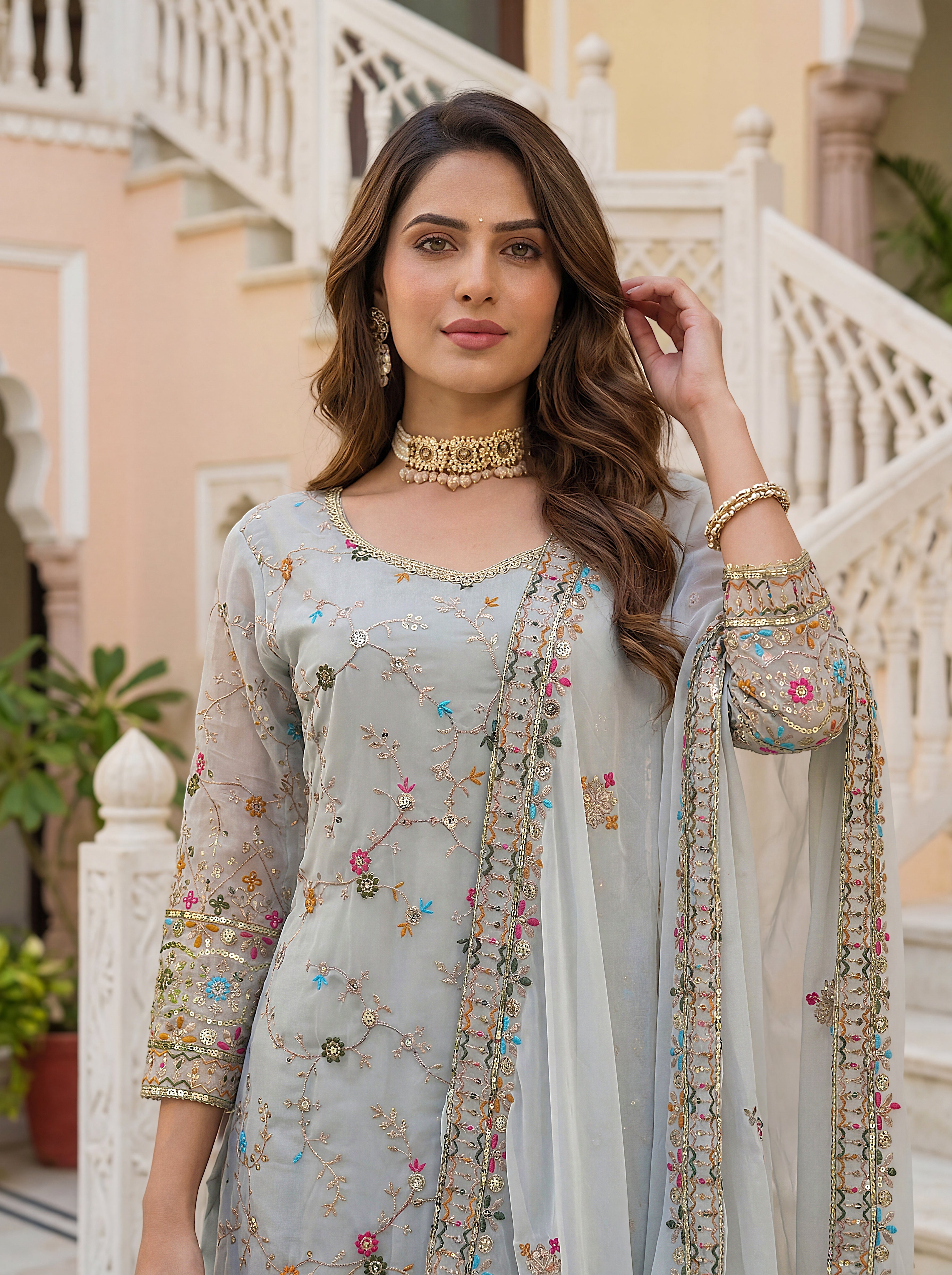 Mint Faux Georgette Embroidered Sharara Set