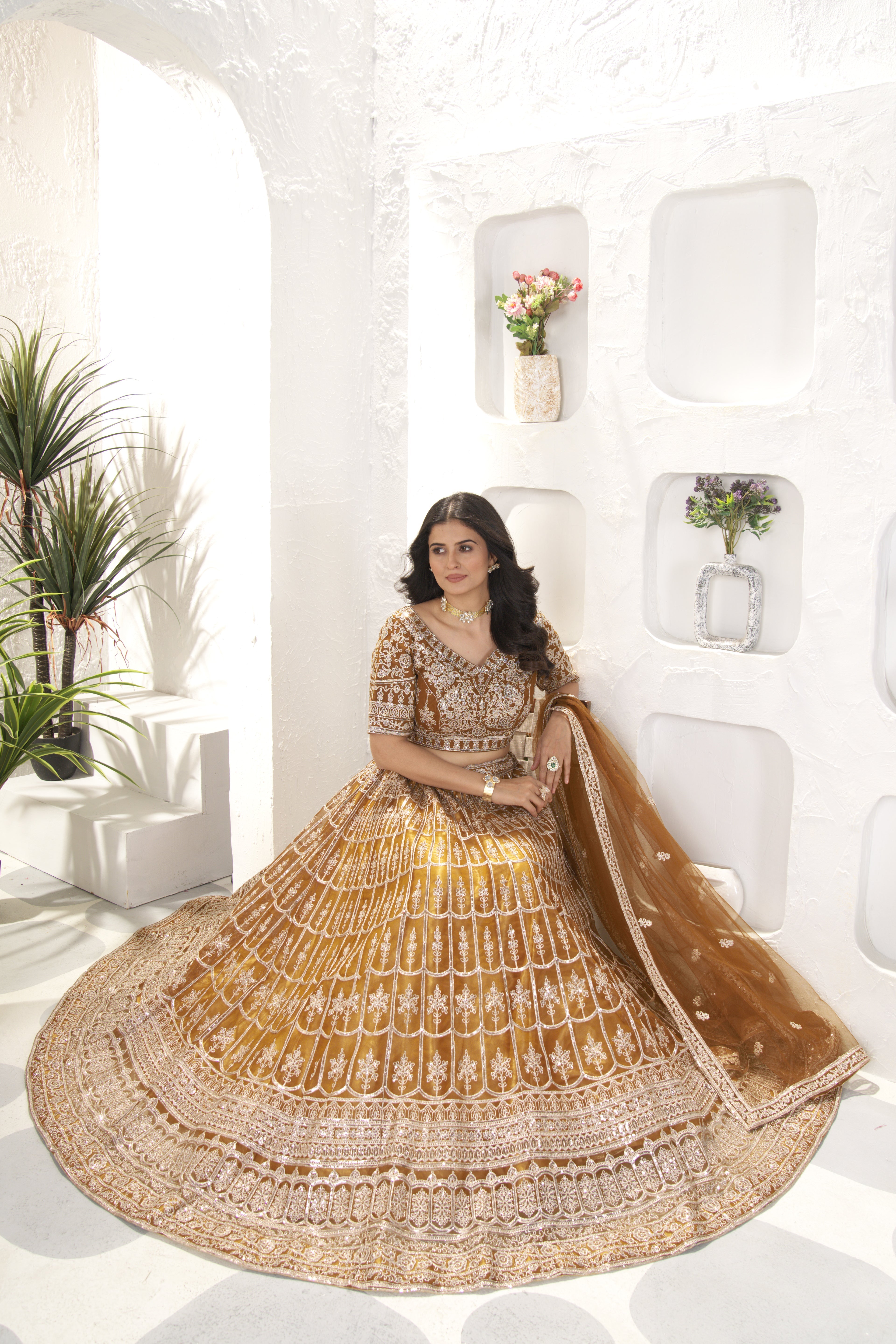 Brown Net Sequins Embroidered Lehenga Set