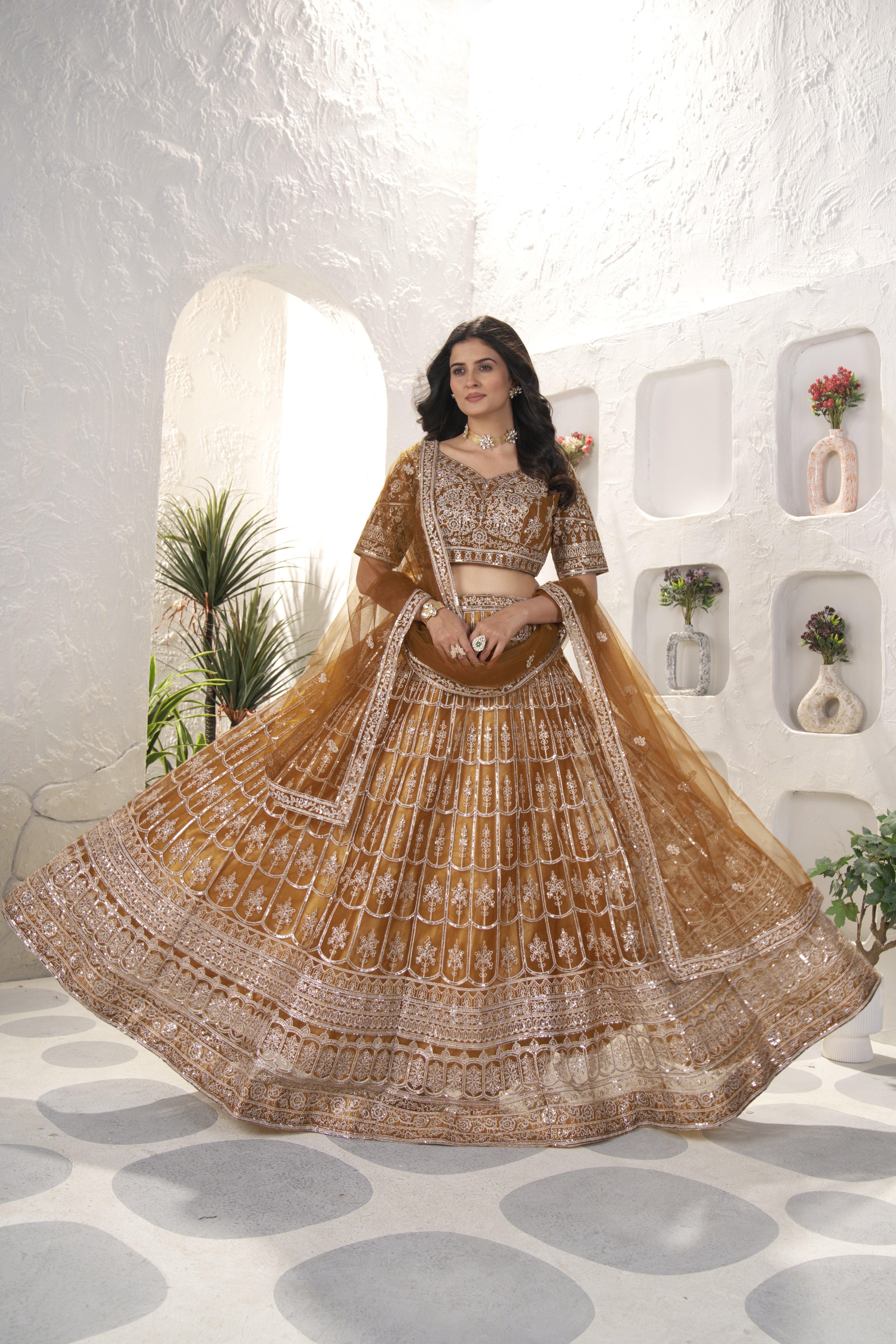 Brown Net Sequins Embroidered Lehenga Set