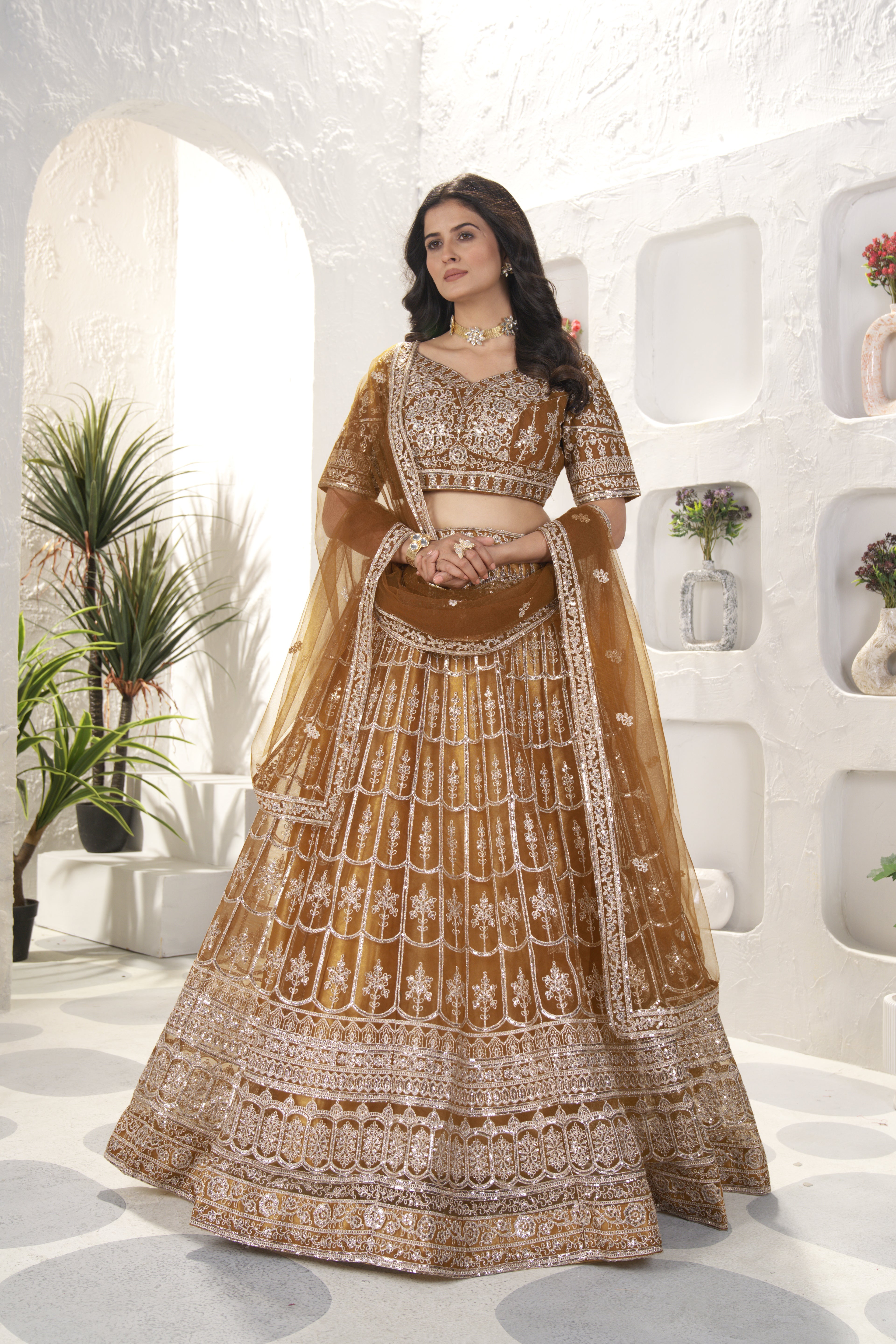 Brown Net Sequins Embroidered Lehenga Set