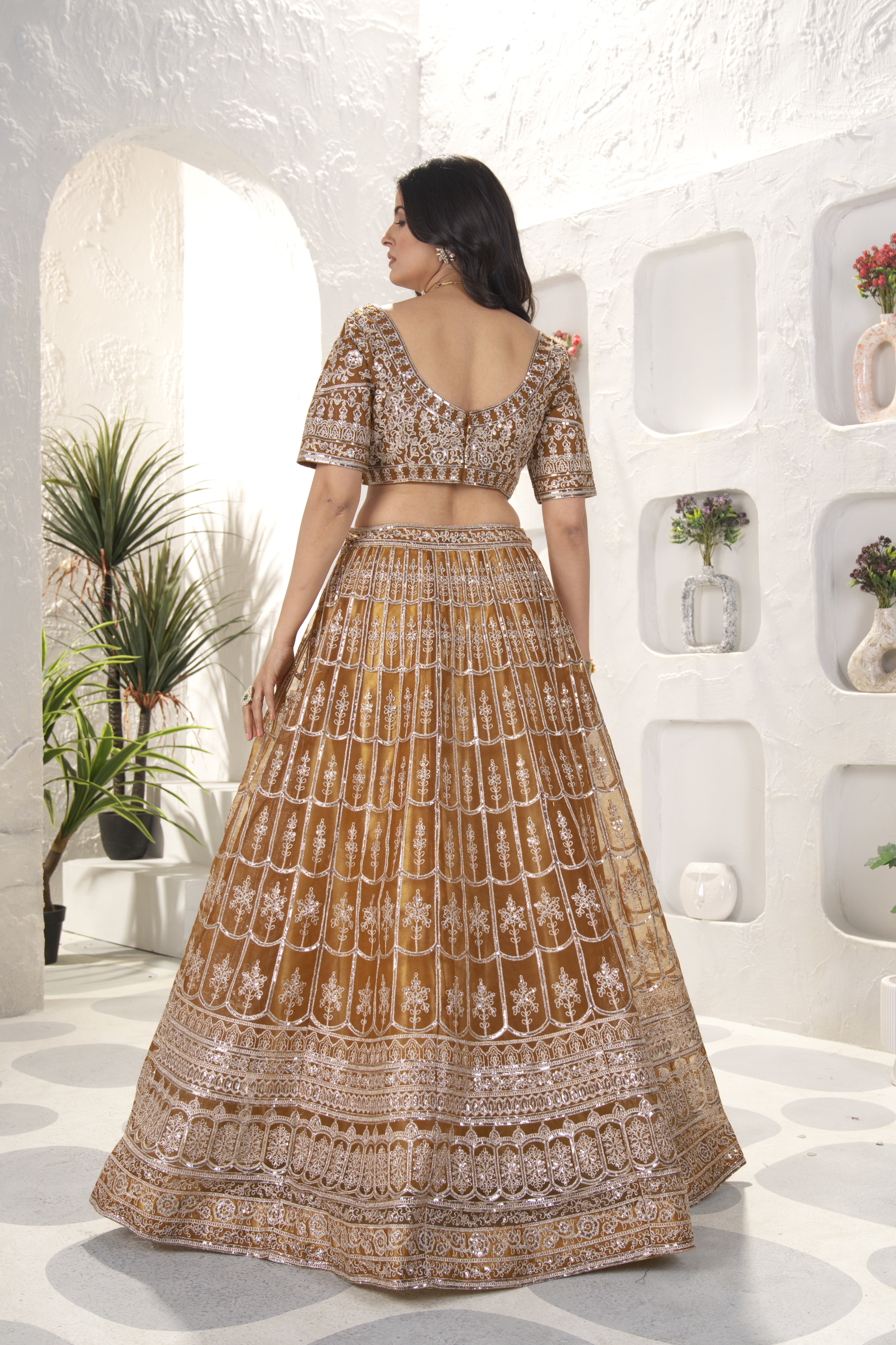 Brown Net Sequins Embroidered Lehenga Set