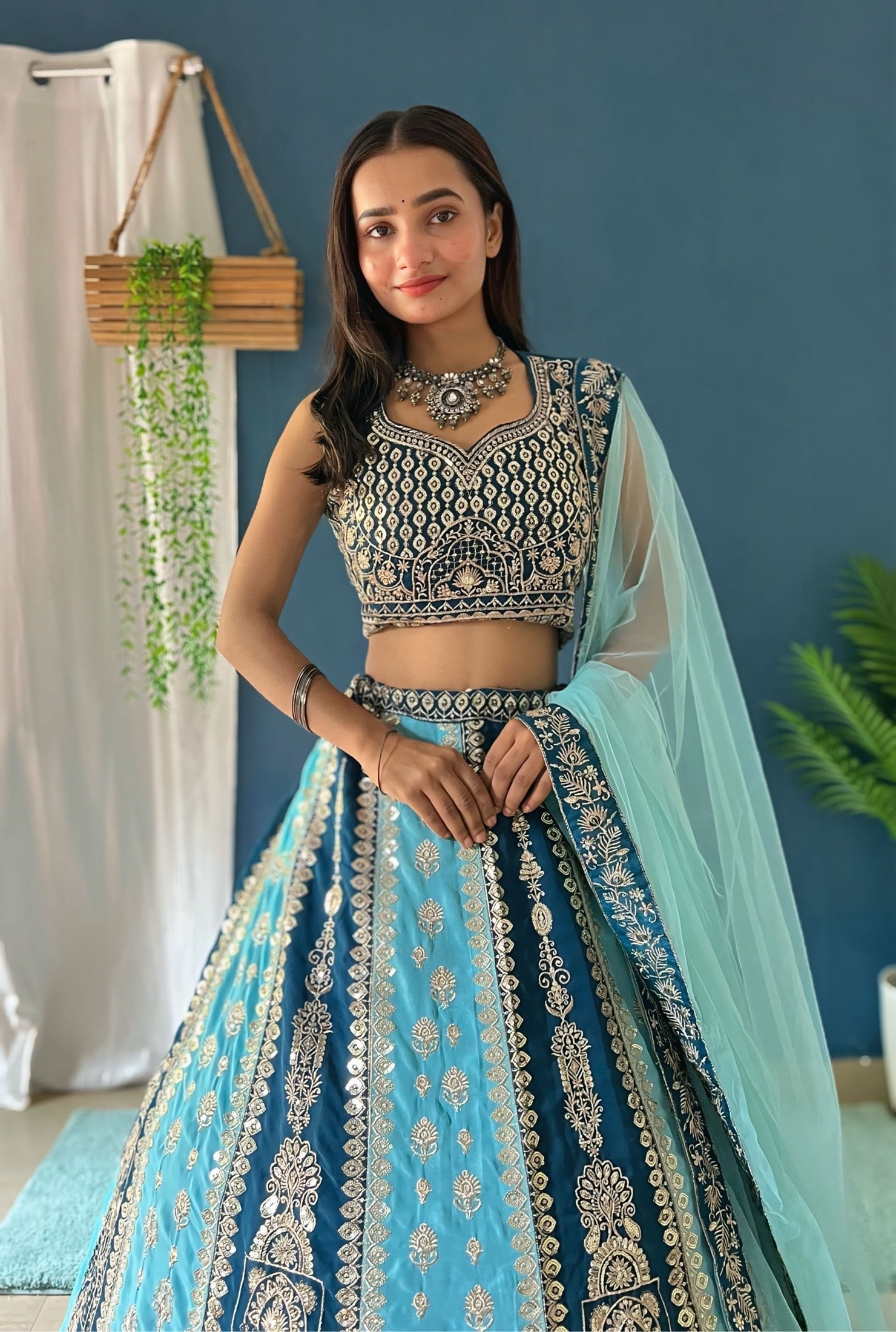 Teal Sky Blue Dual Tone Georgette Lehenga Set