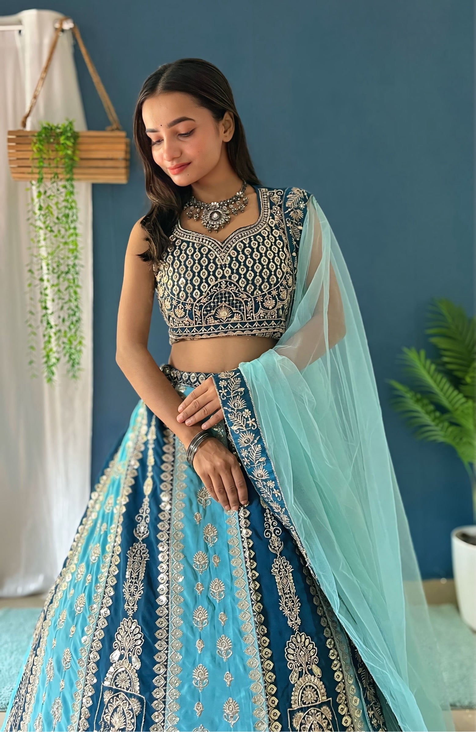 Teal Sky Blue Dual Tone Georgette Lehenga Set