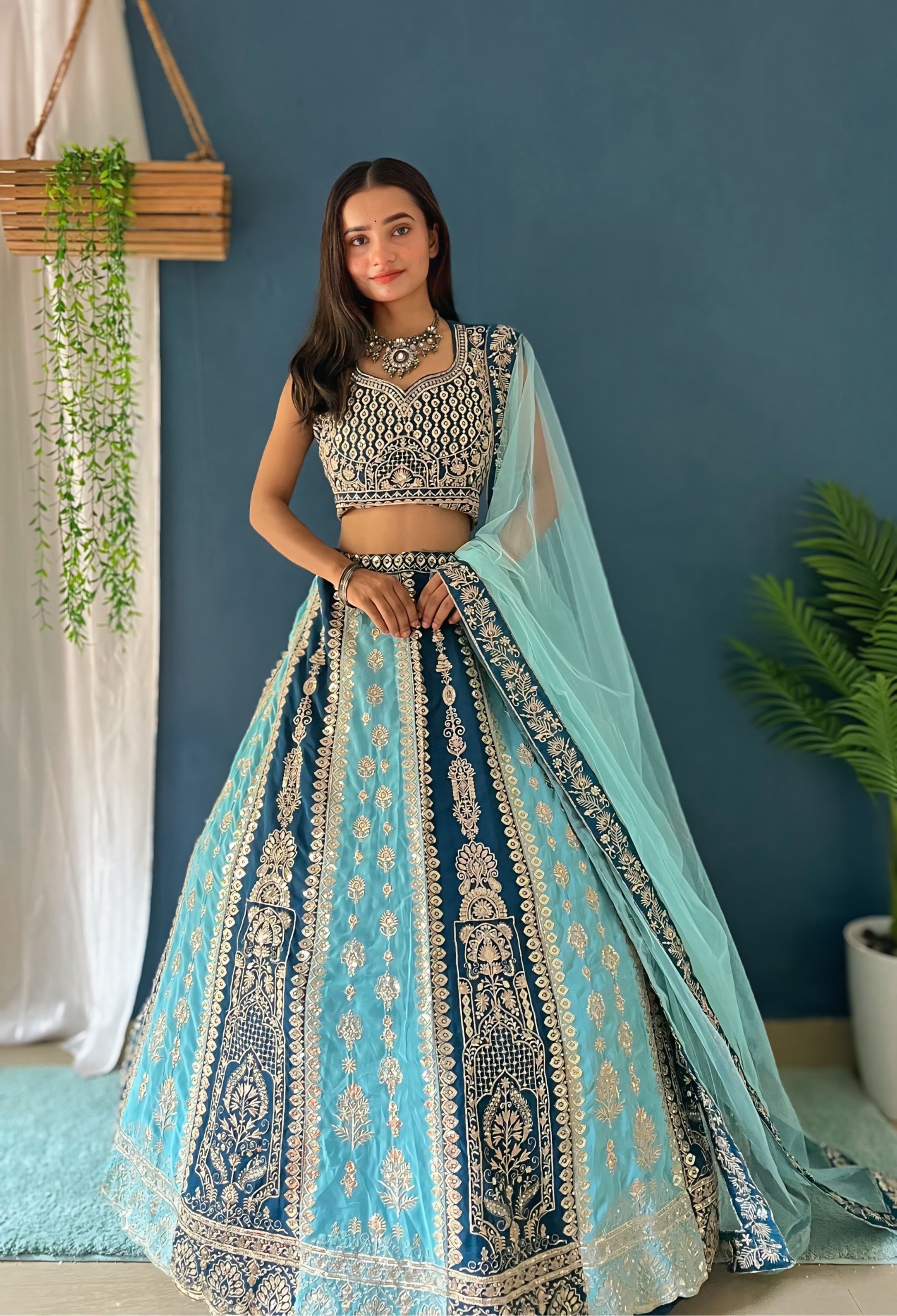 Teal Sky Blue Dual Tone Georgette Lehenga Set
