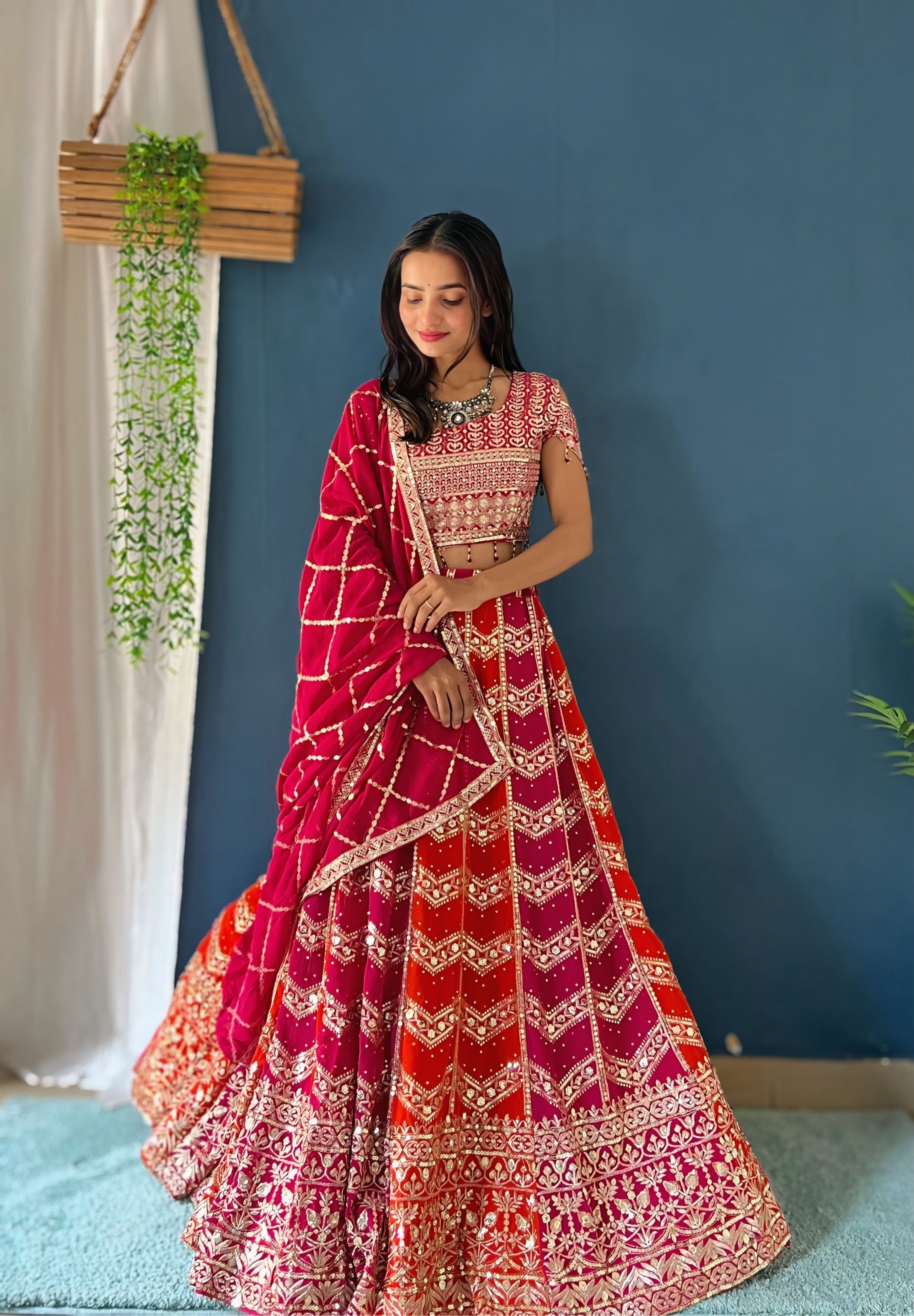 Color Block Faux Georgette Lehenga Set with Sequins Work