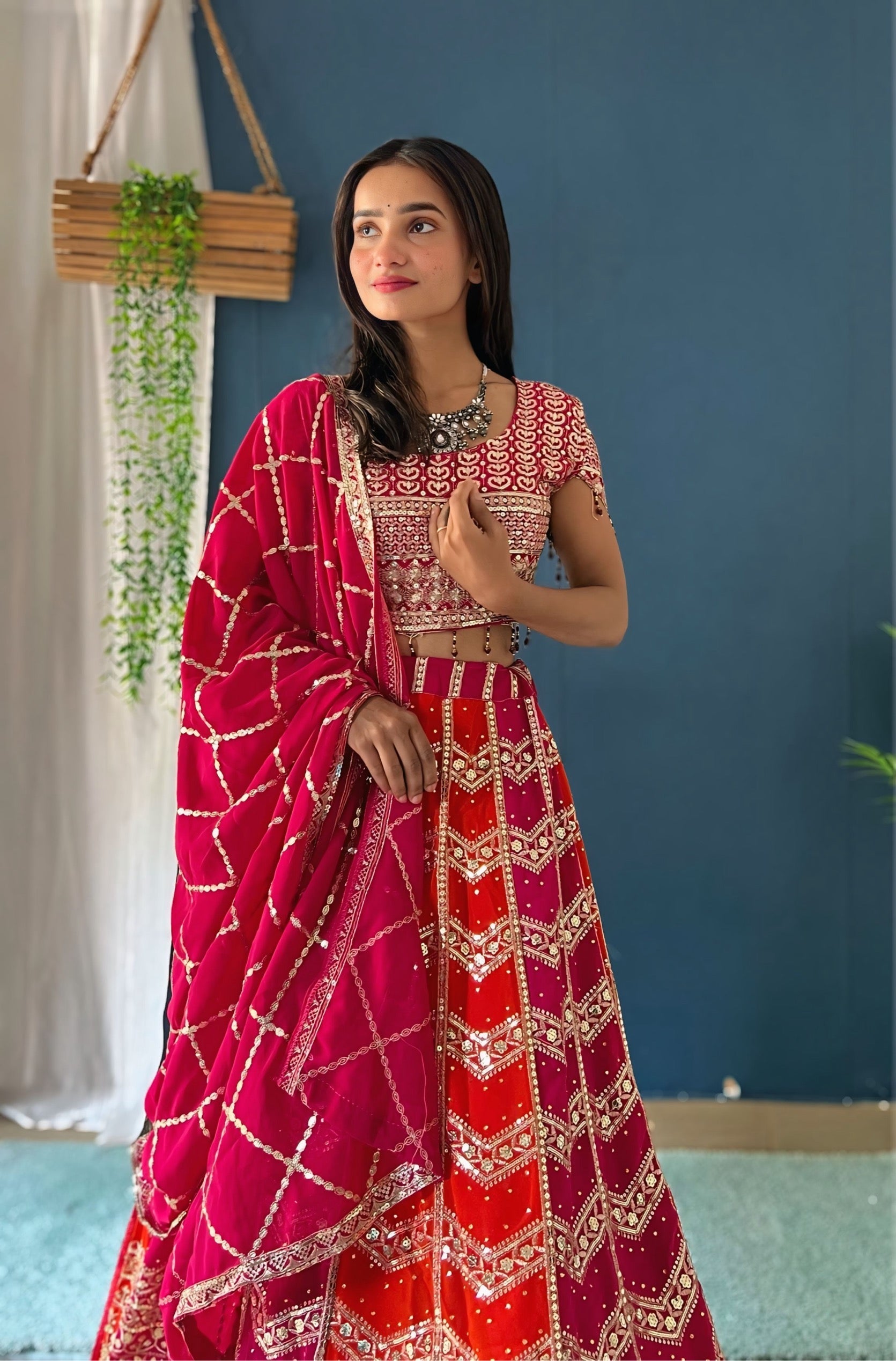 Color Block Faux Georgette Lehenga Set with Sequins Work