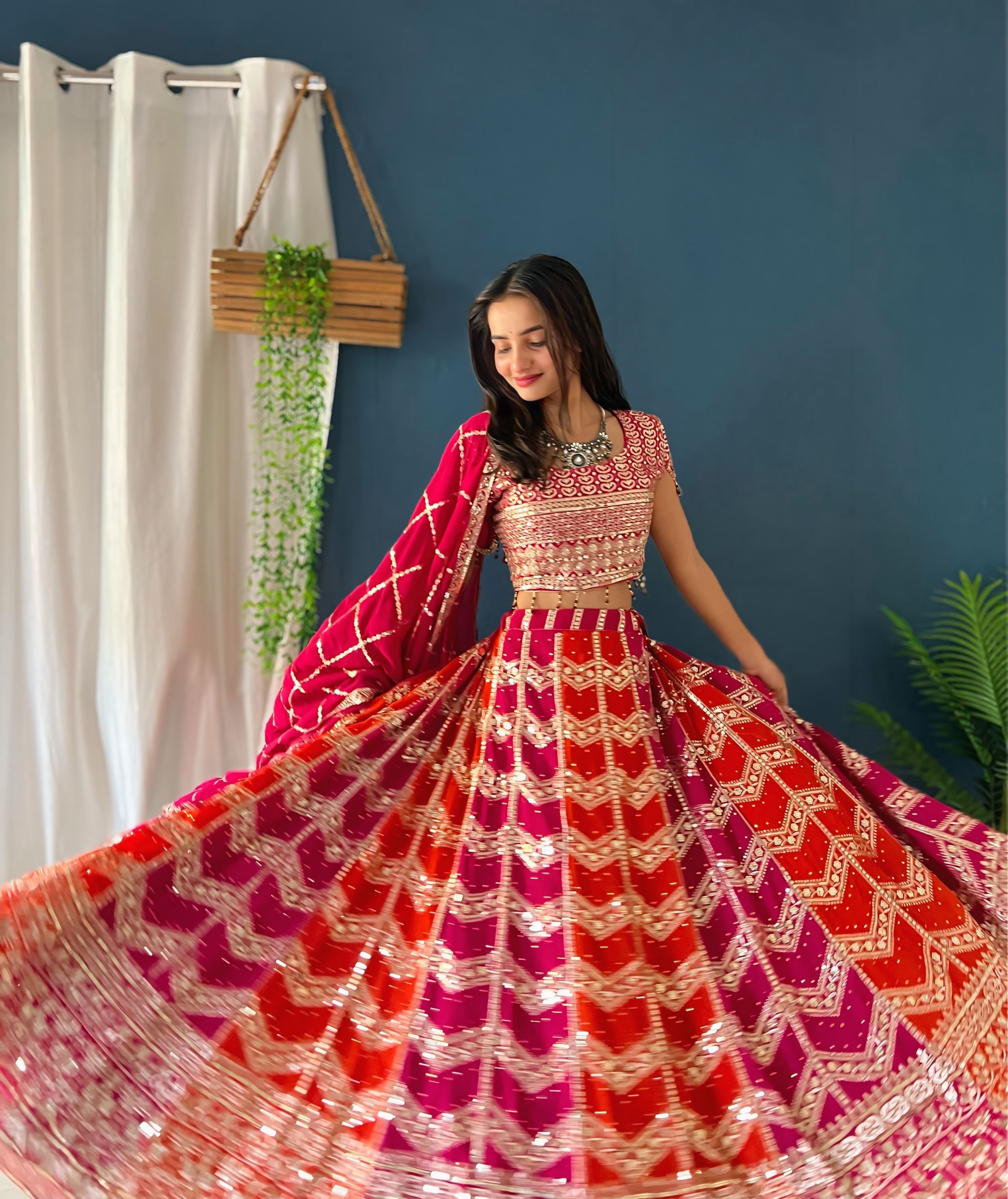 Color Block Faux Georgette Lehenga Set with Sequins Work