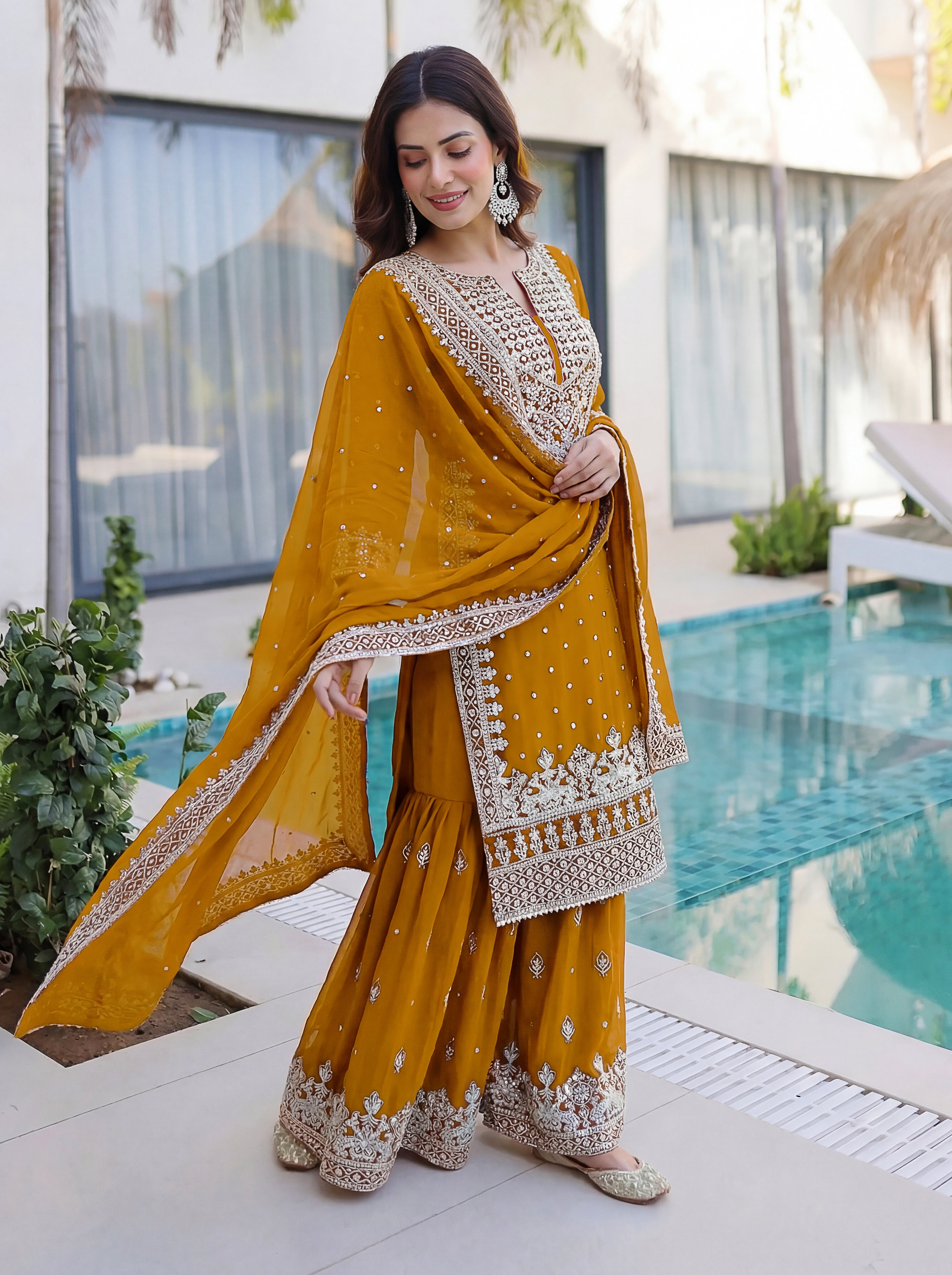 Faux Georgette Sequins Zari Sharara Set with Dupatta