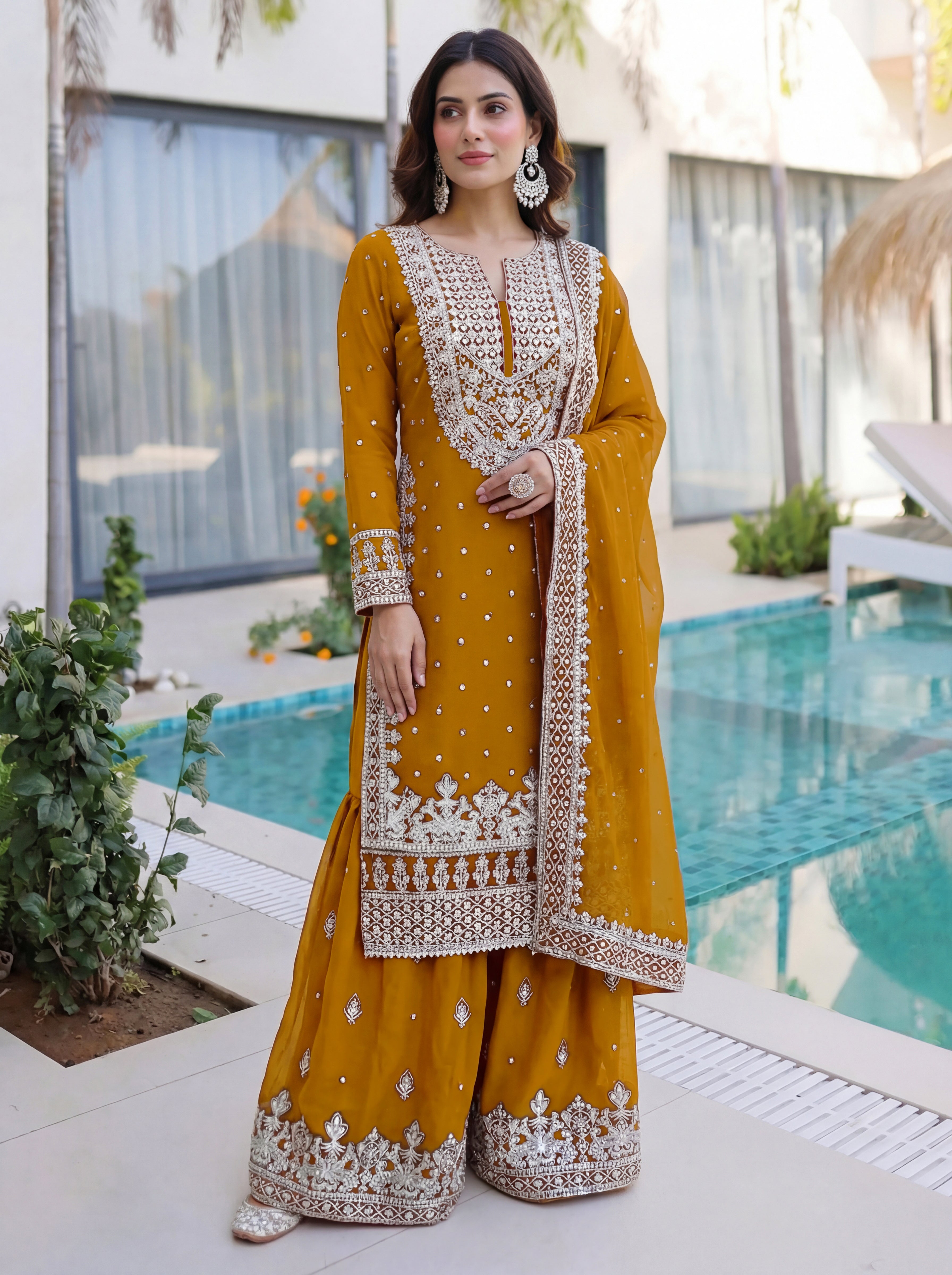 Faux Georgette Sequins Zari Sharara Set with Dupatta