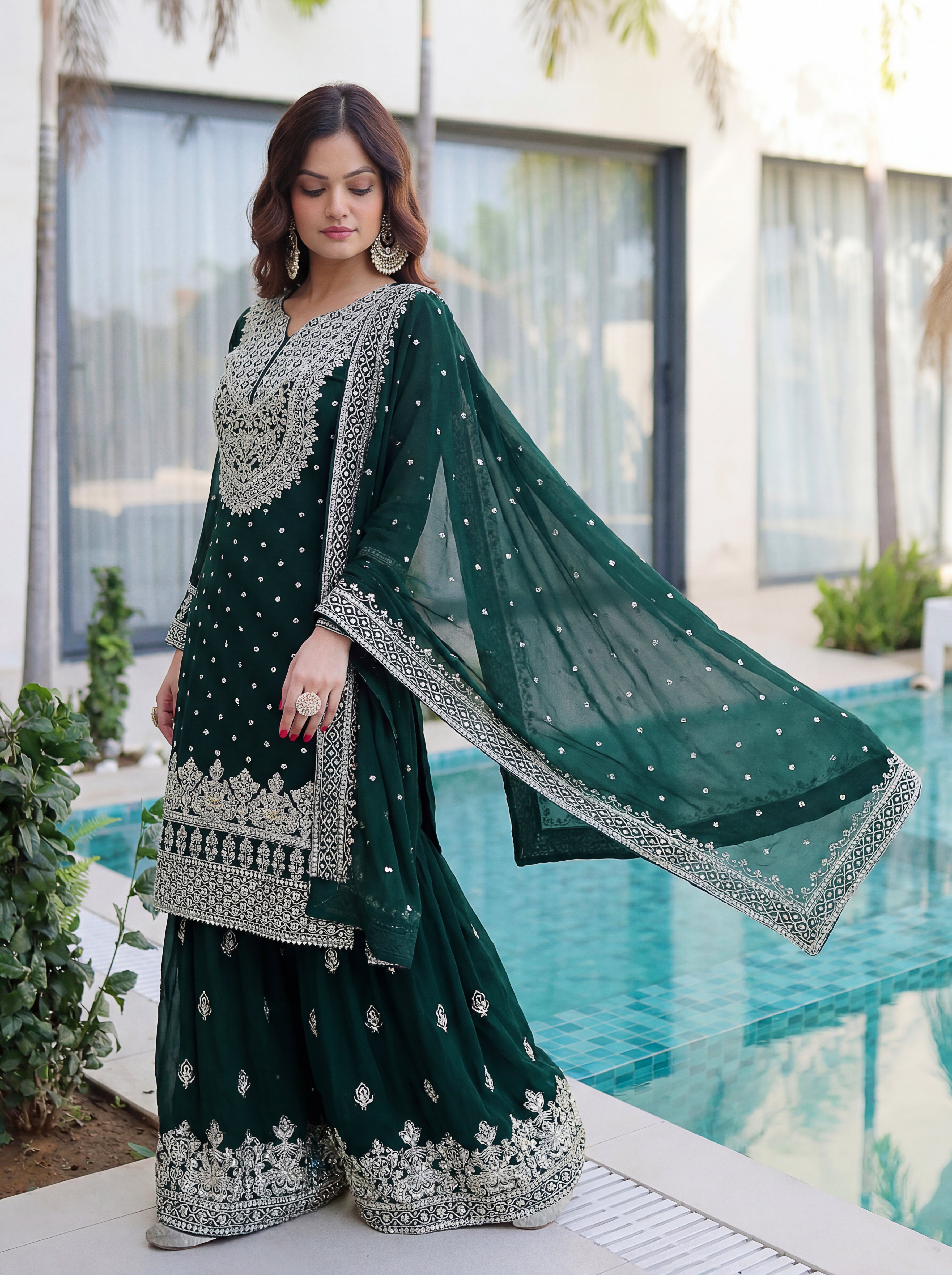 Faux Georgette Sequins Zari Sharara Set with Dupatta