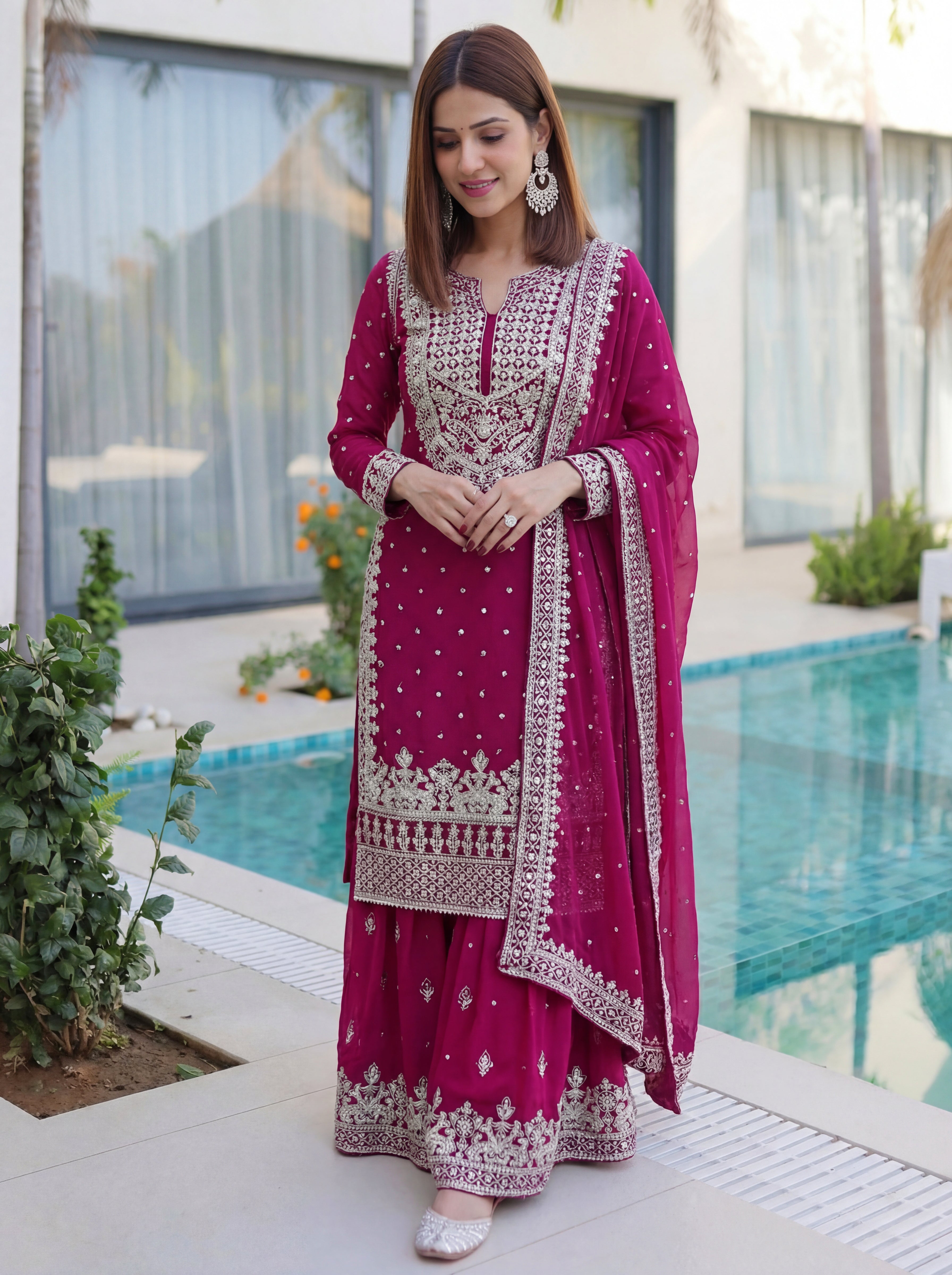 Faux Georgette Sequins Zari Sharara Set with Dupatta