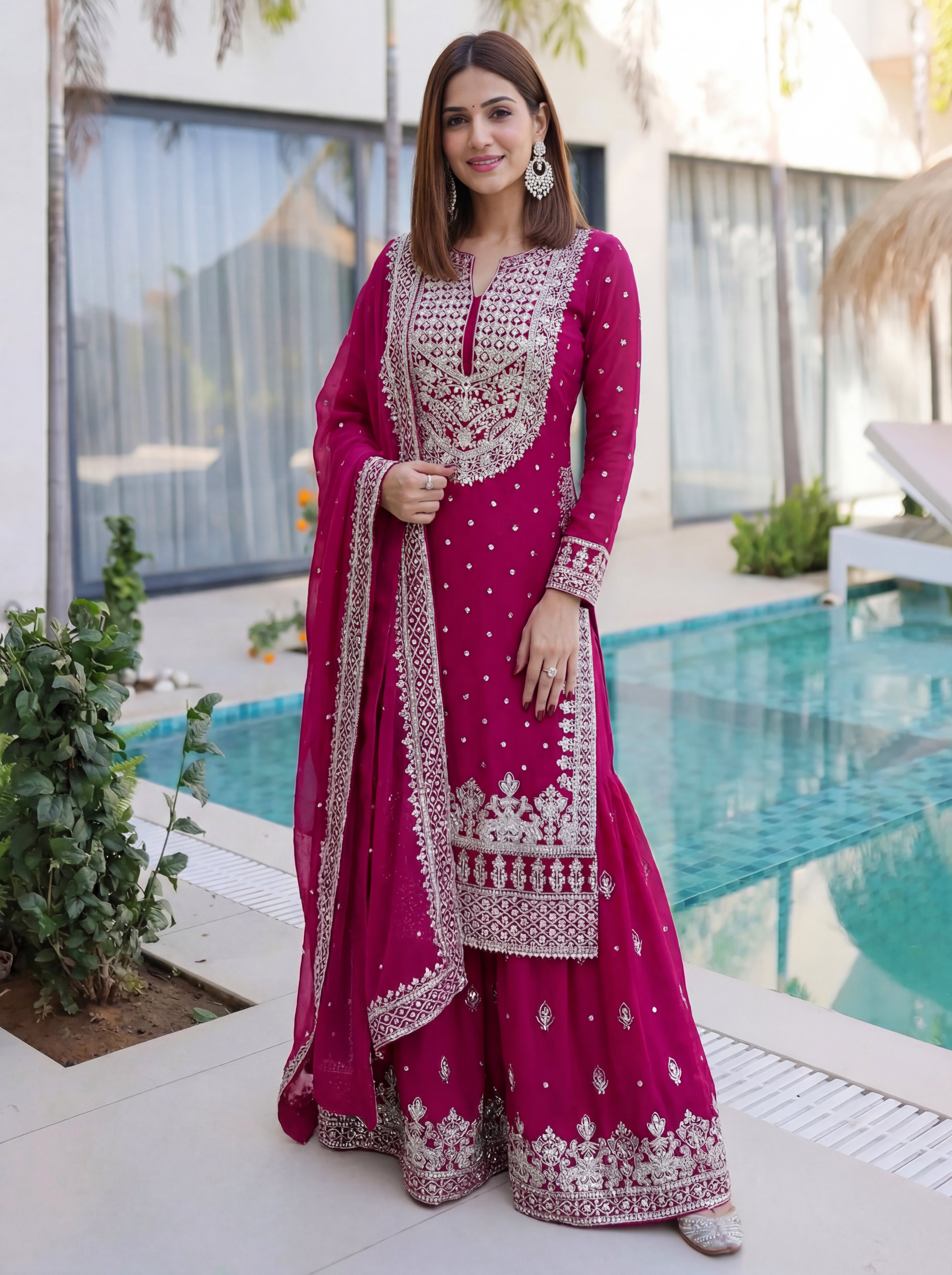 Faux Georgette Sequins Zari Sharara Set with Dupatta