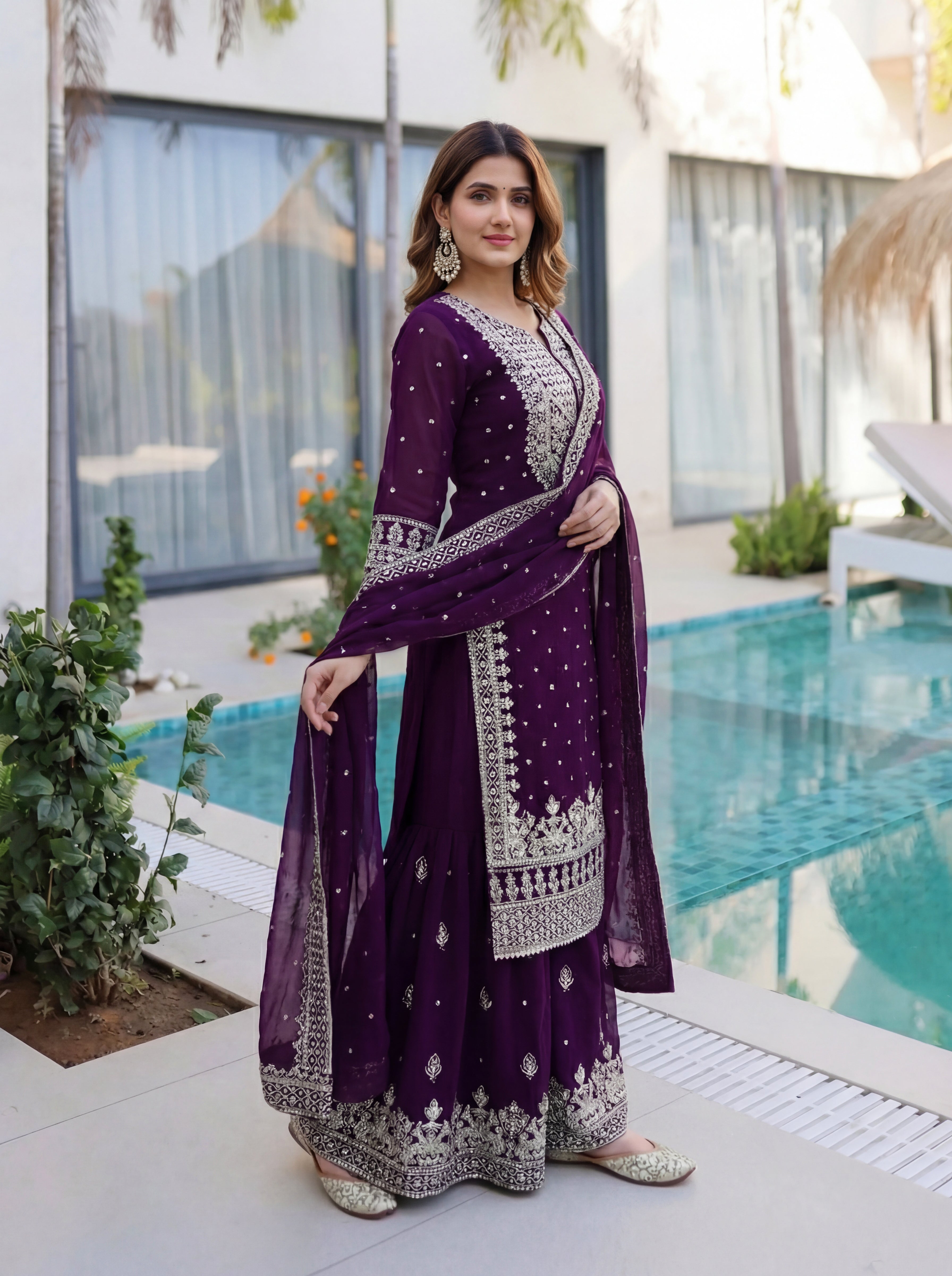 Faux Georgette Sequins Zari Sharara Set with Dupatta
