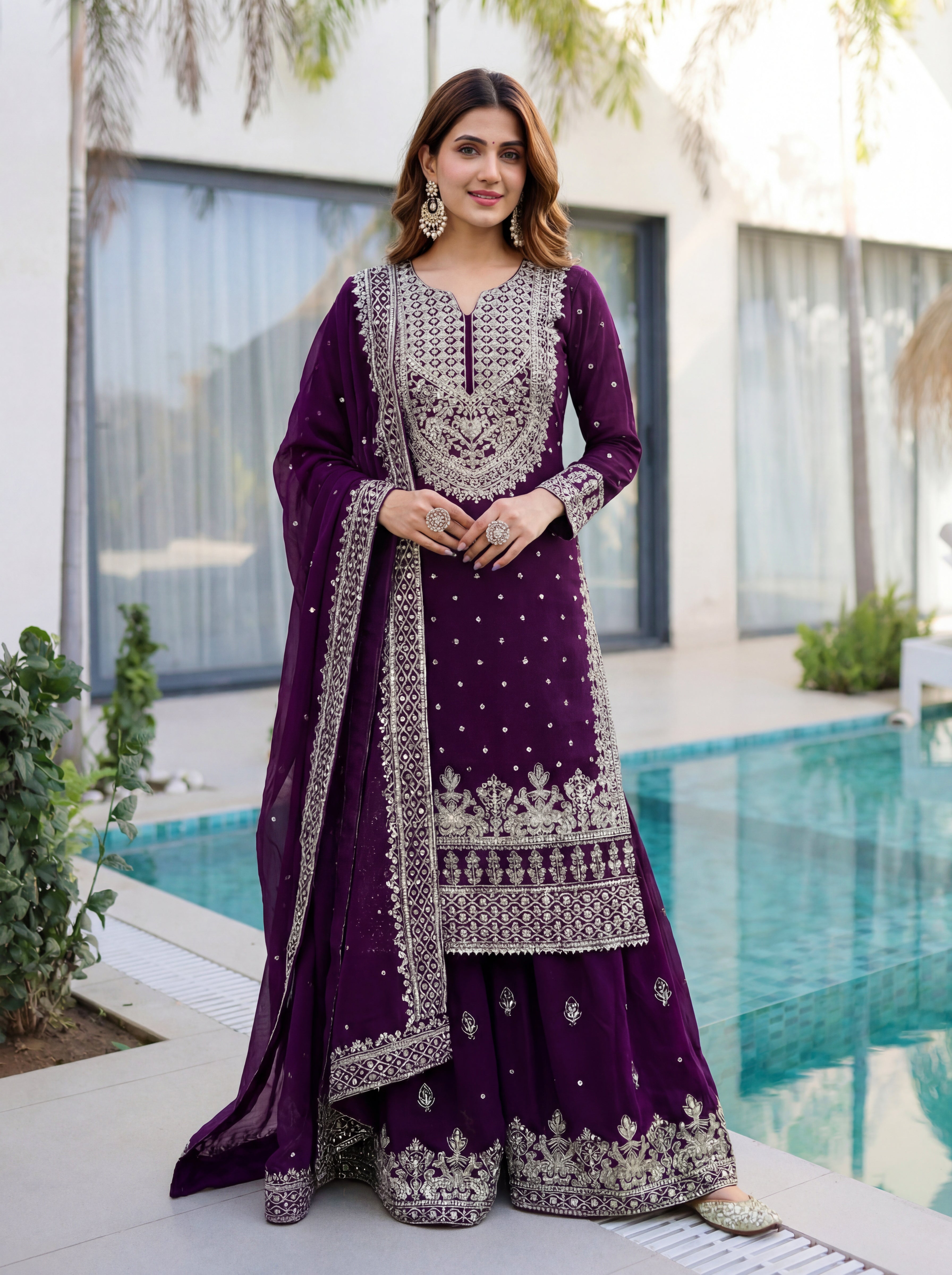 Faux Georgette Sequins Zari Sharara Set with Dupatta