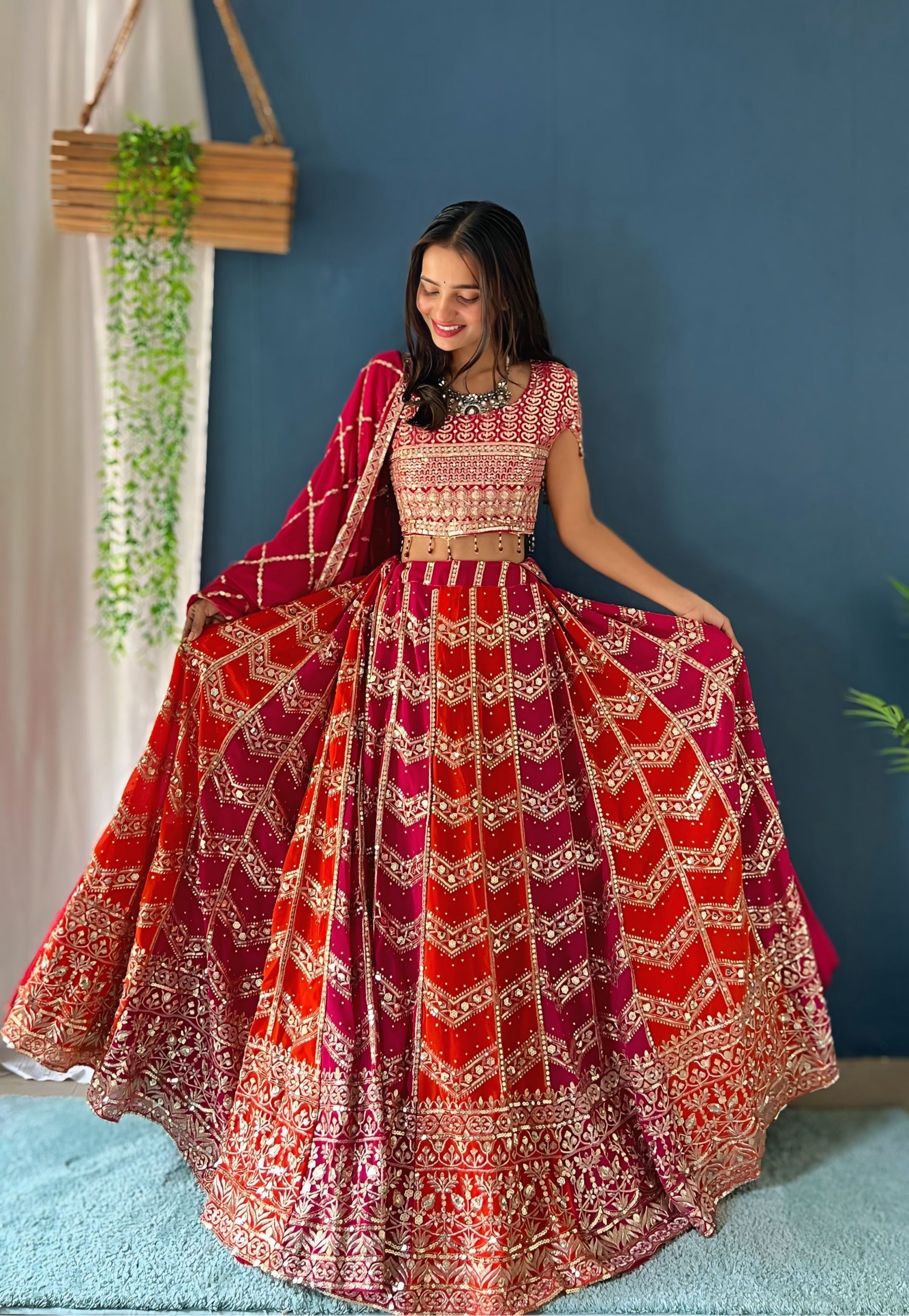 Color Block Faux Georgette Lehenga Set with Sequins Work