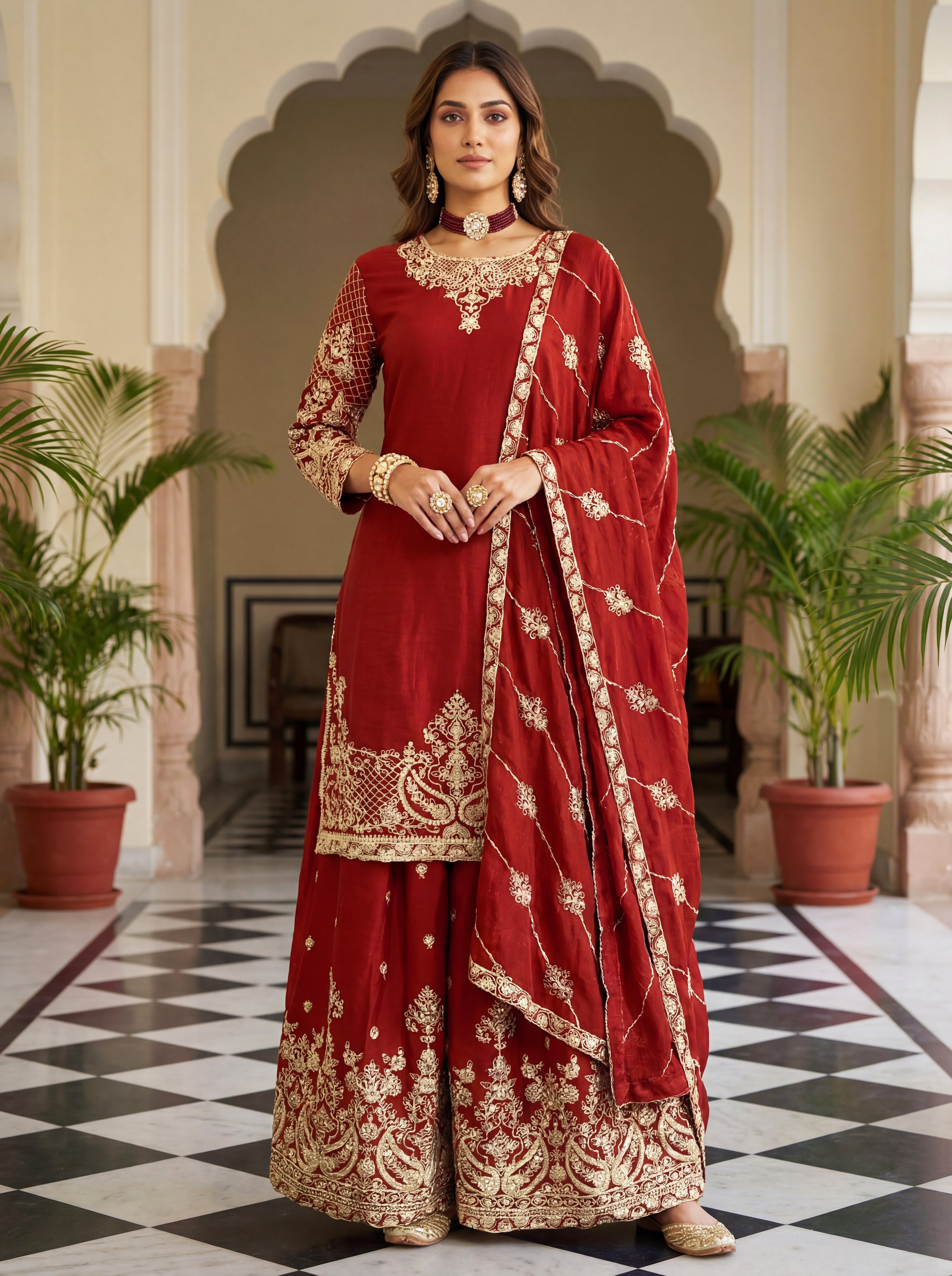 Chinon Silk Embroidered Sharara Set with Dupatta