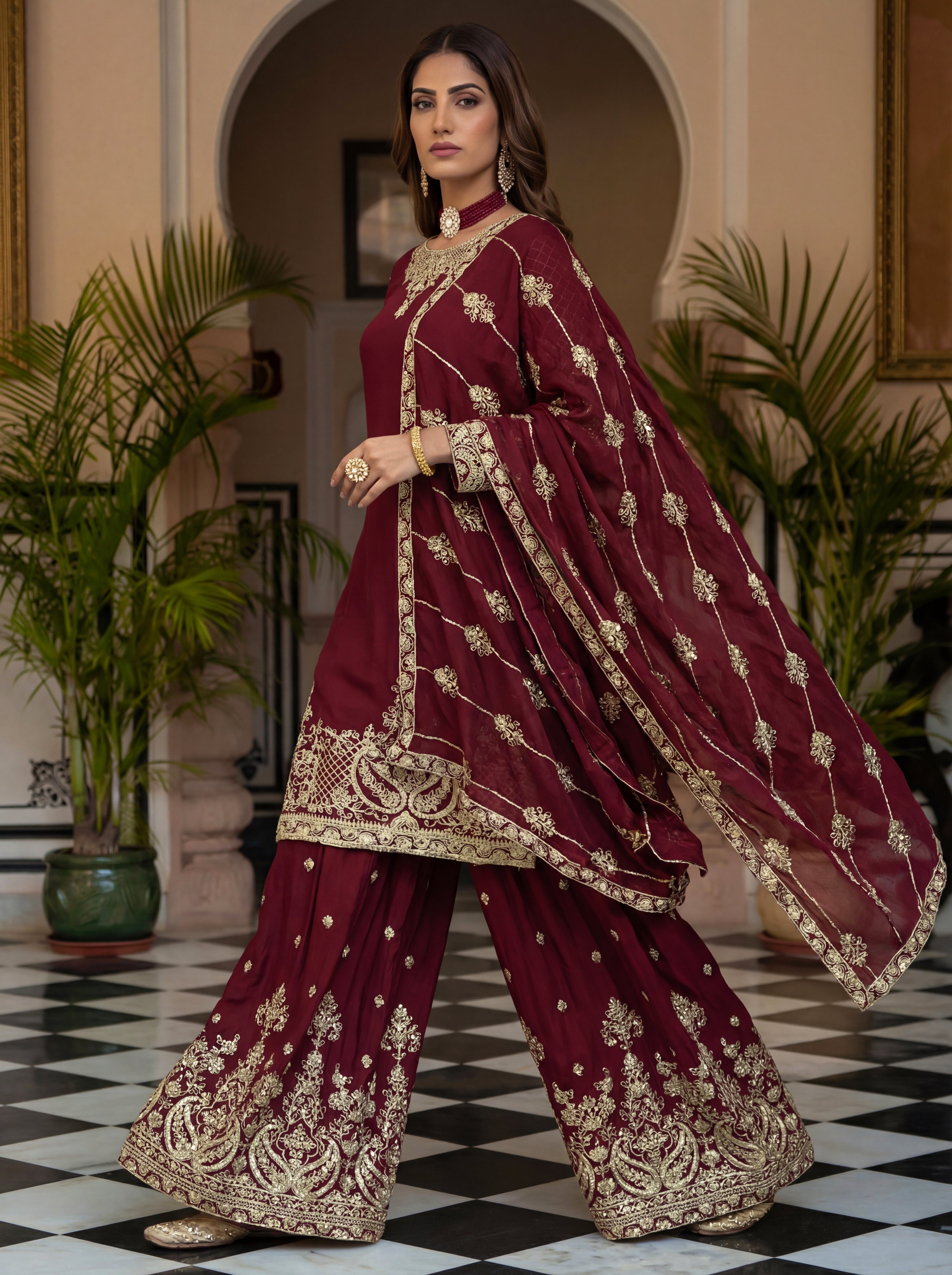 Chinon Silk Embroidered Sharara Set with Dupatta