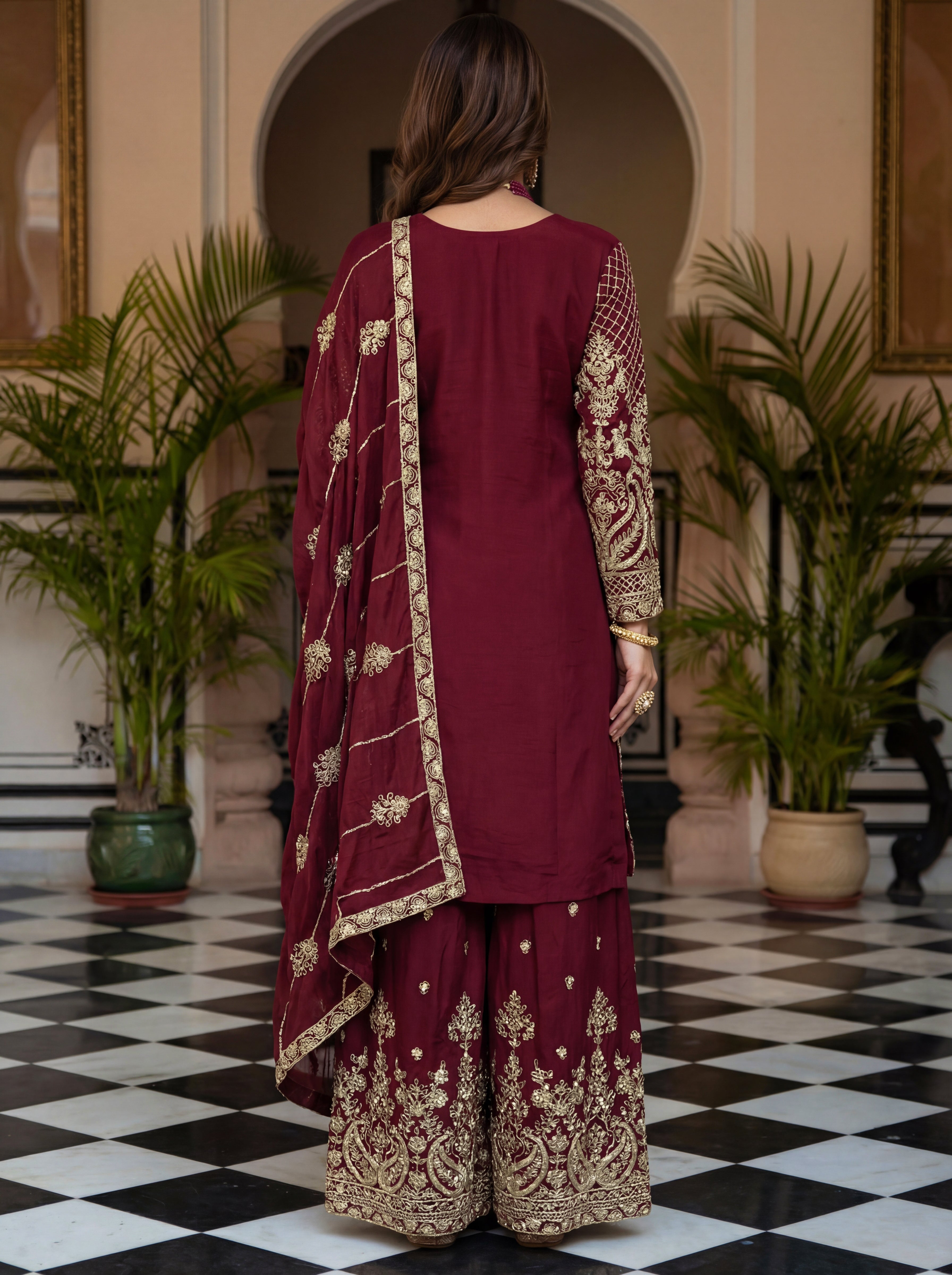 Chinon Silk Embroidered Sharara Set with Dupatta