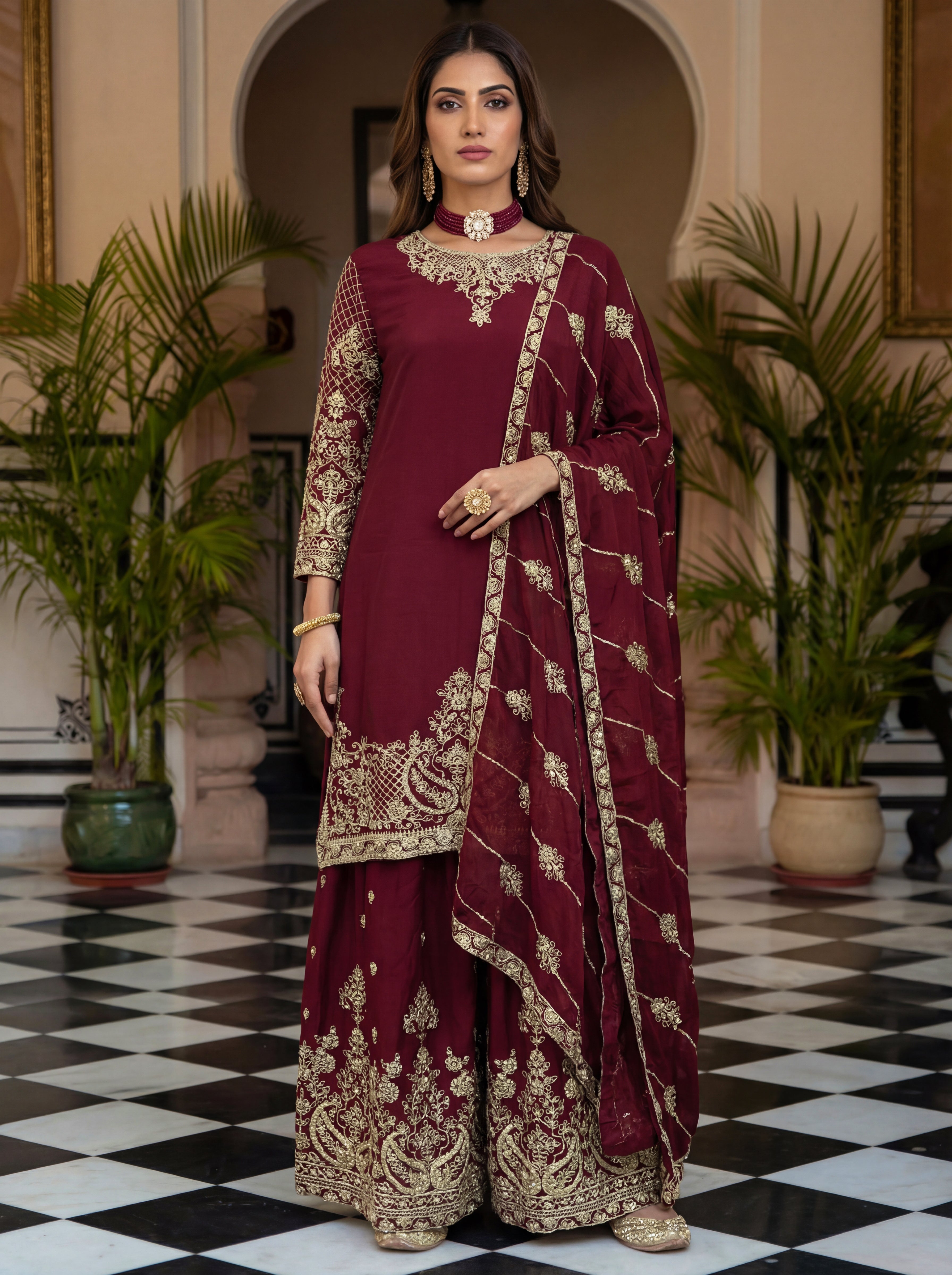 Chinon Silk Embroidered Sharara Set with Dupatta